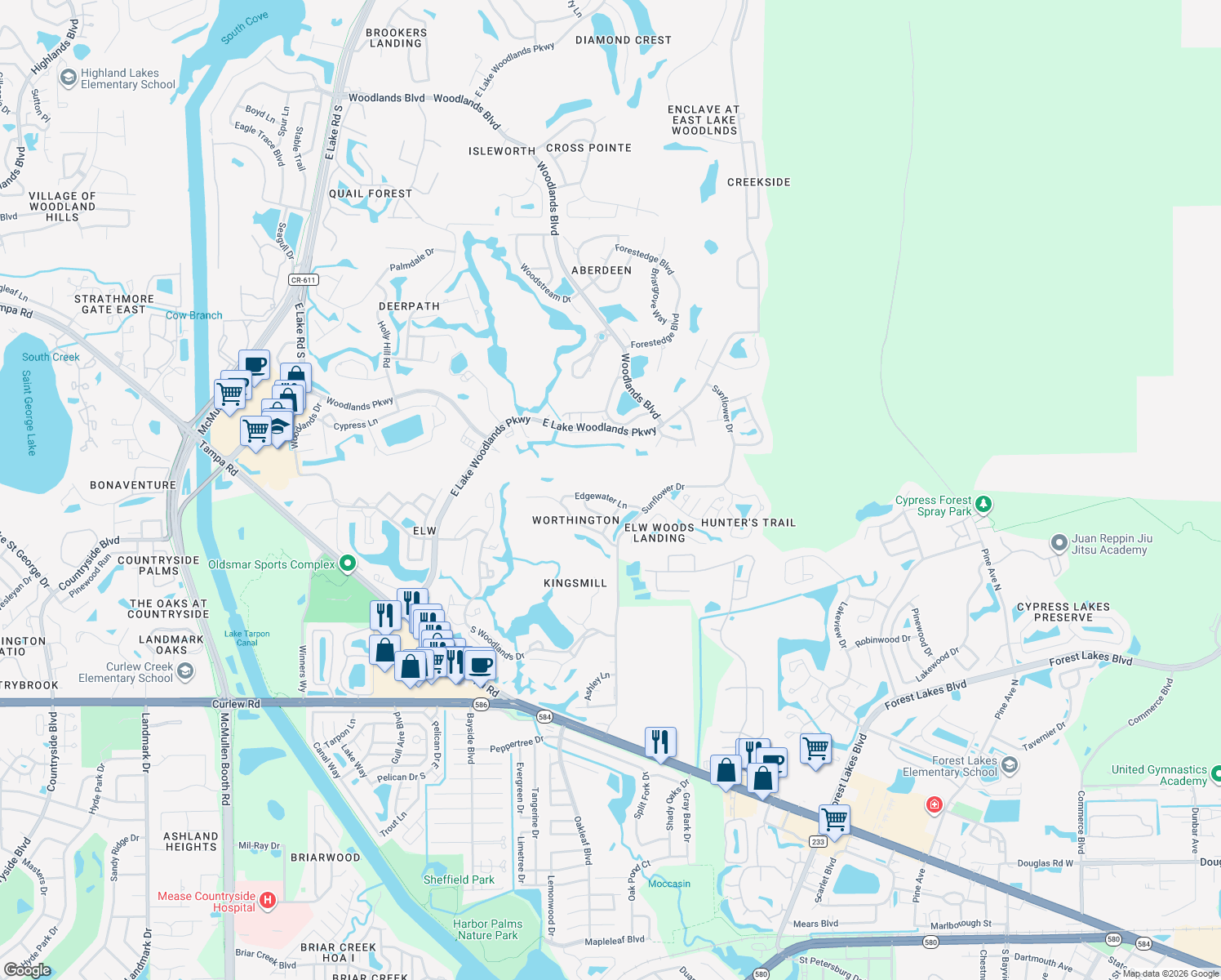 map of restaurants, bars, coffee shops, grocery stores, and more near 4945 Edgewater Lane in Oldsmar