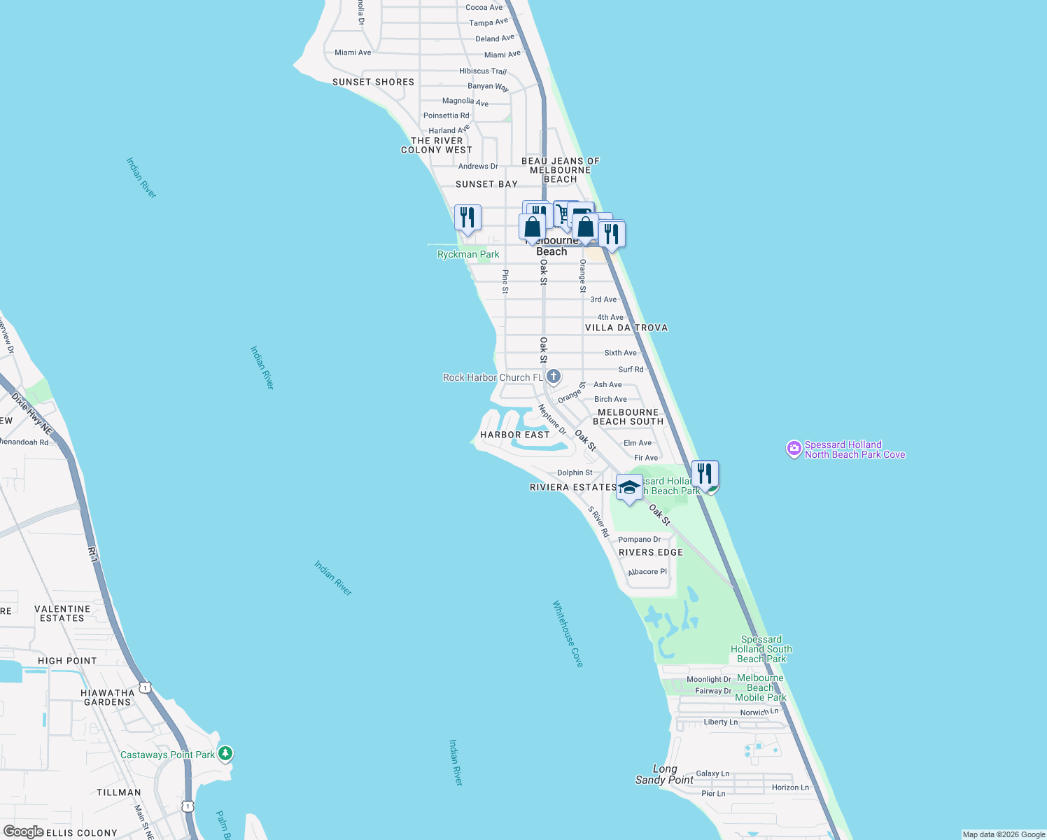 map of restaurants, bars, coffee shops, grocery stores, and more near 411 Pelican Key in Melbourne Beach