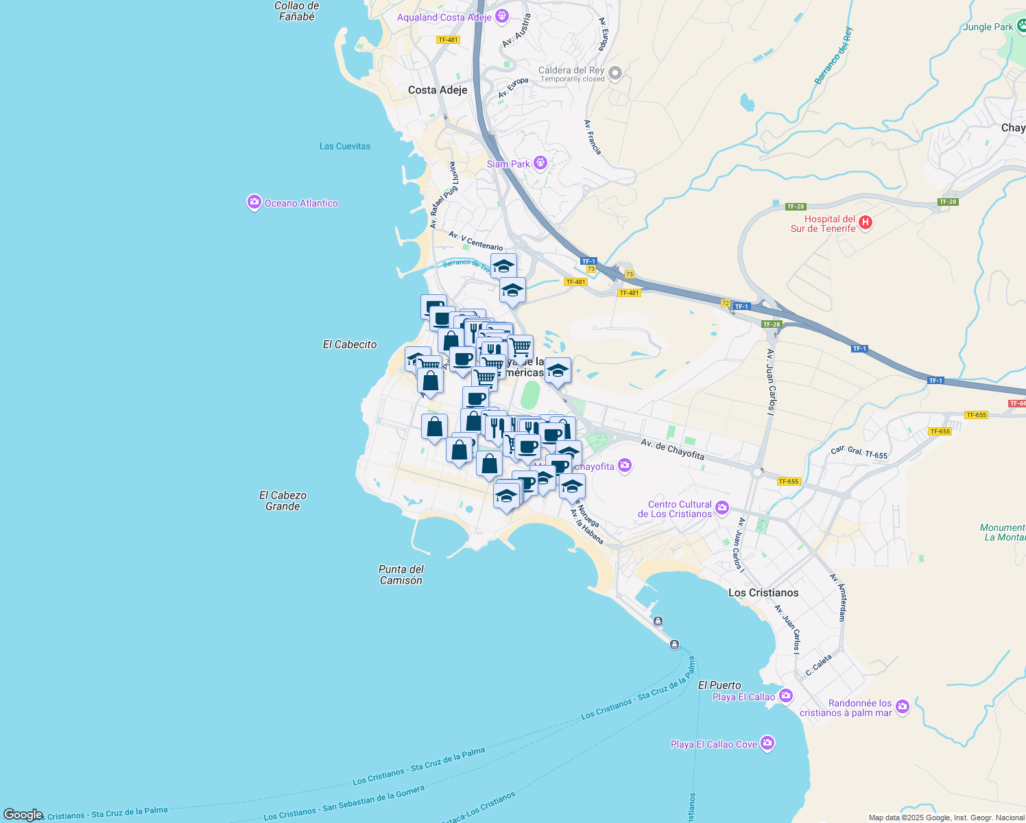 map of restaurants, bars, coffee shops, grocery stores, and more near Calle Siete Islas in Playa de la Américas
