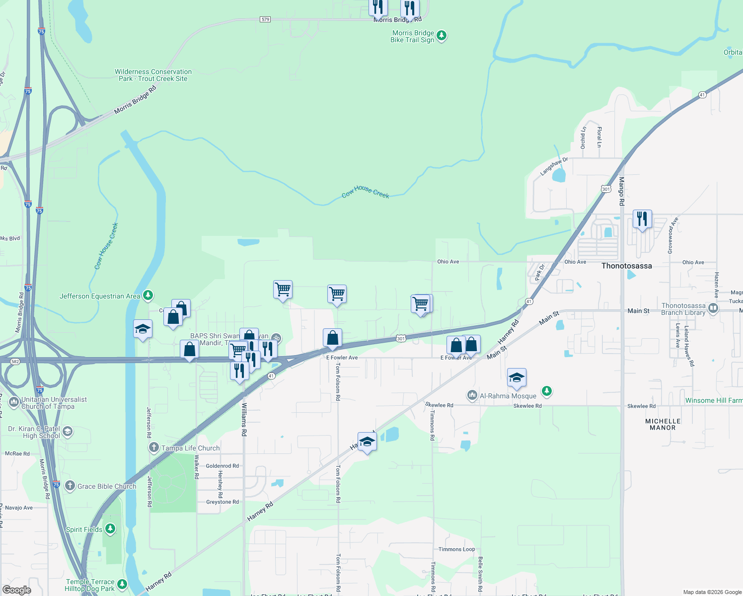 map of restaurants, bars, coffee shops, grocery stores, and more near 9750 Lewis Road in Thonotosassa