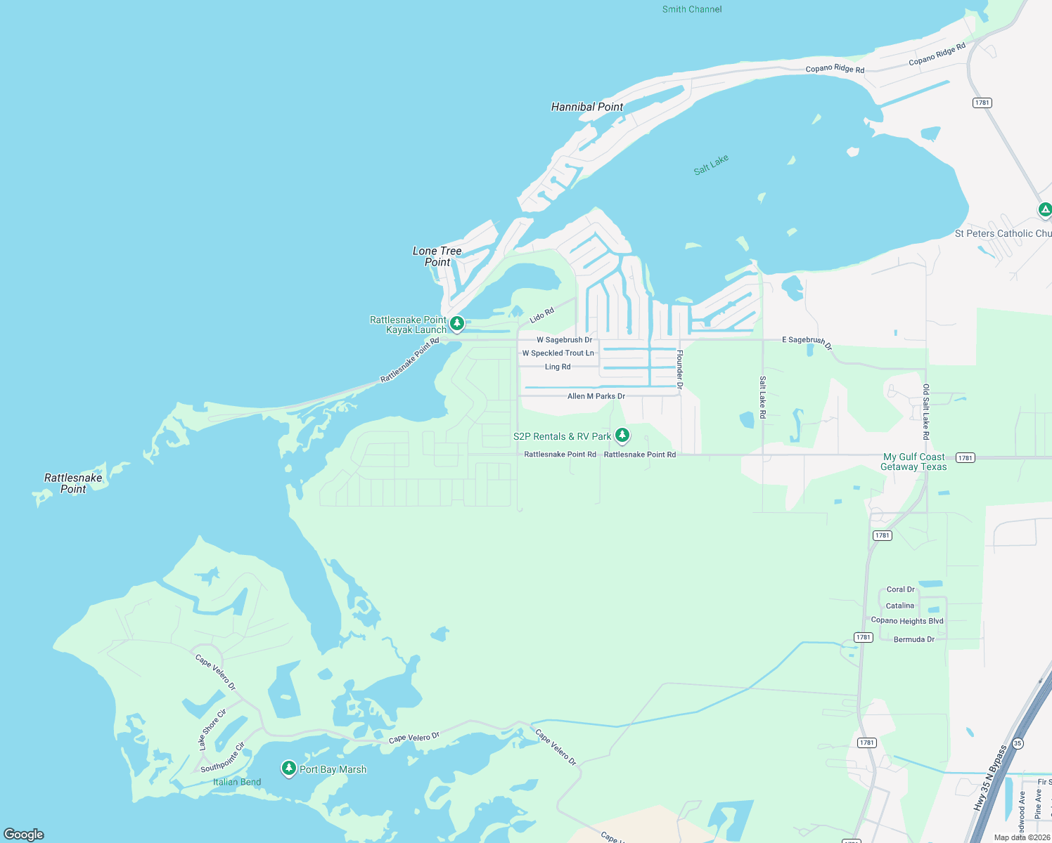 map of restaurants, bars, coffee shops, grocery stores, and more near 510 Rattlesnake Point Road in Rockport