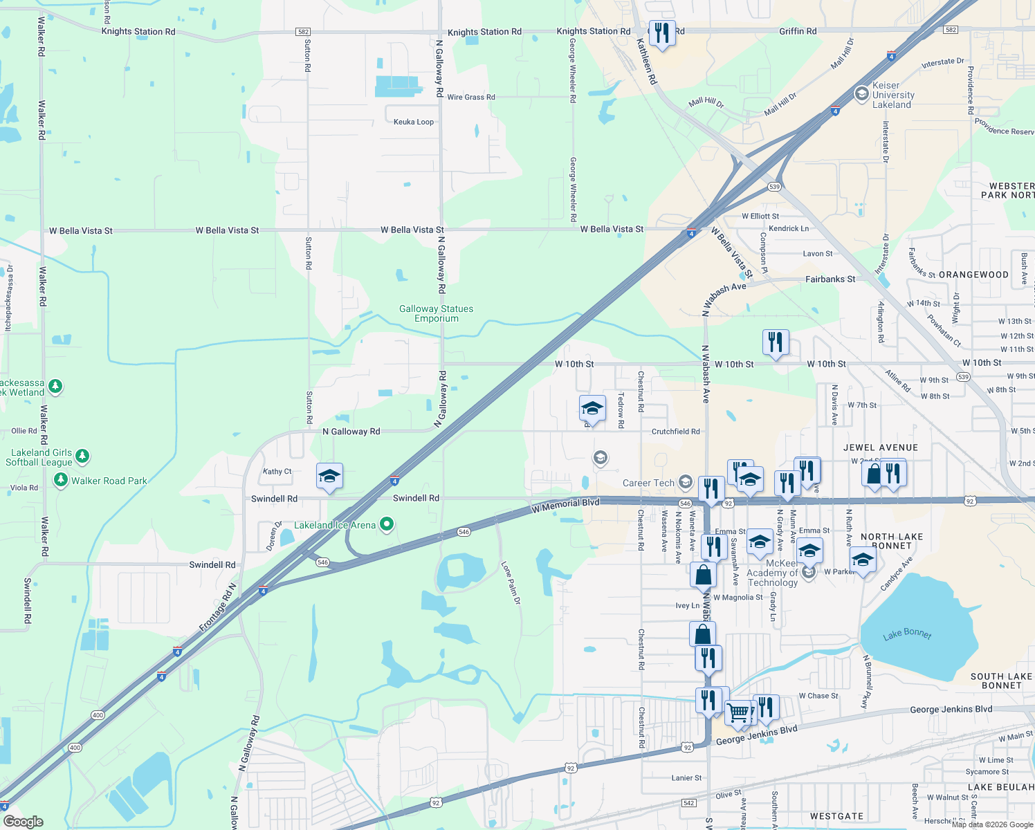 map of restaurants, bars, coffee shops, grocery stores, and more near 3011 Crutchfield Road in Lakeland