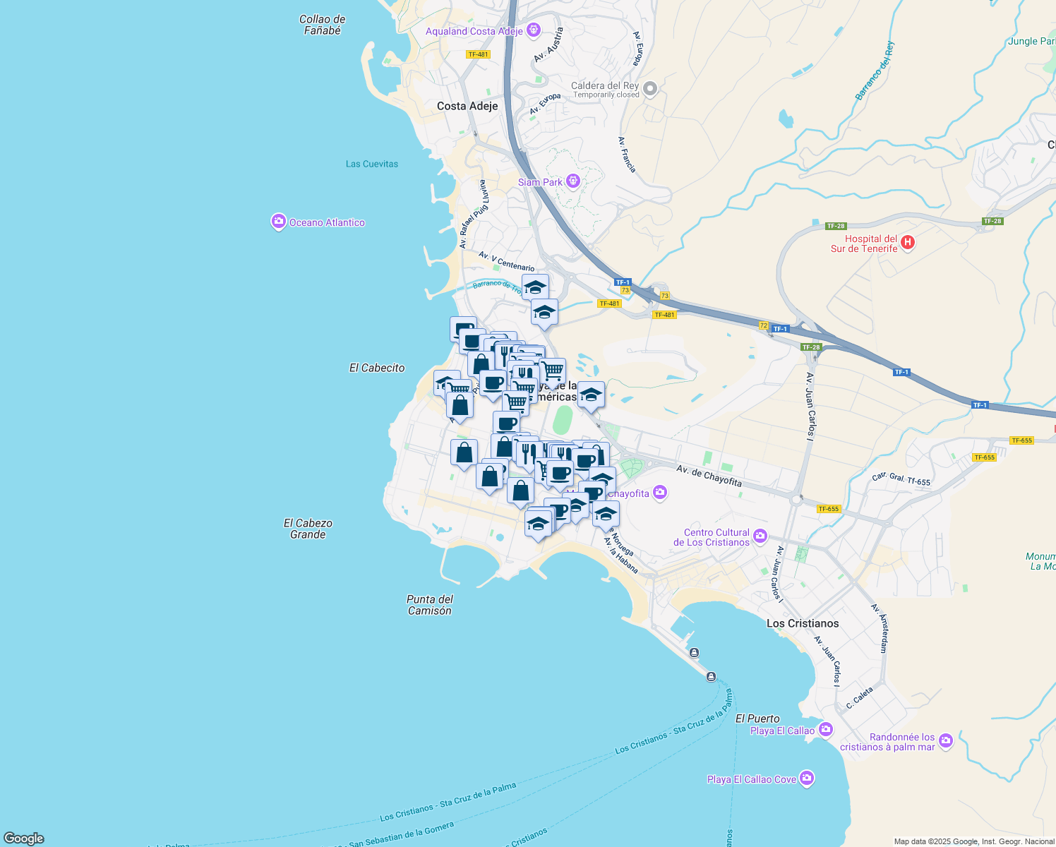 map of restaurants, bars, coffee shops, grocery stores, and more near Calle Siete Islas in Playa de la Américas