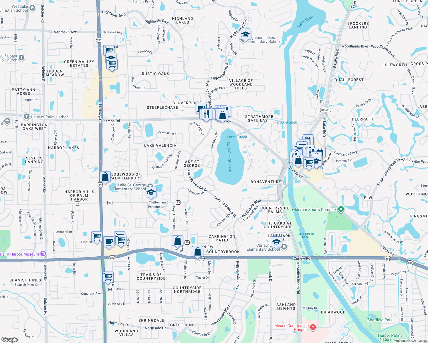 map of restaurants, bars, coffee shops, grocery stores, and more near 3803 Lake Shore Drive in Palm Harbor