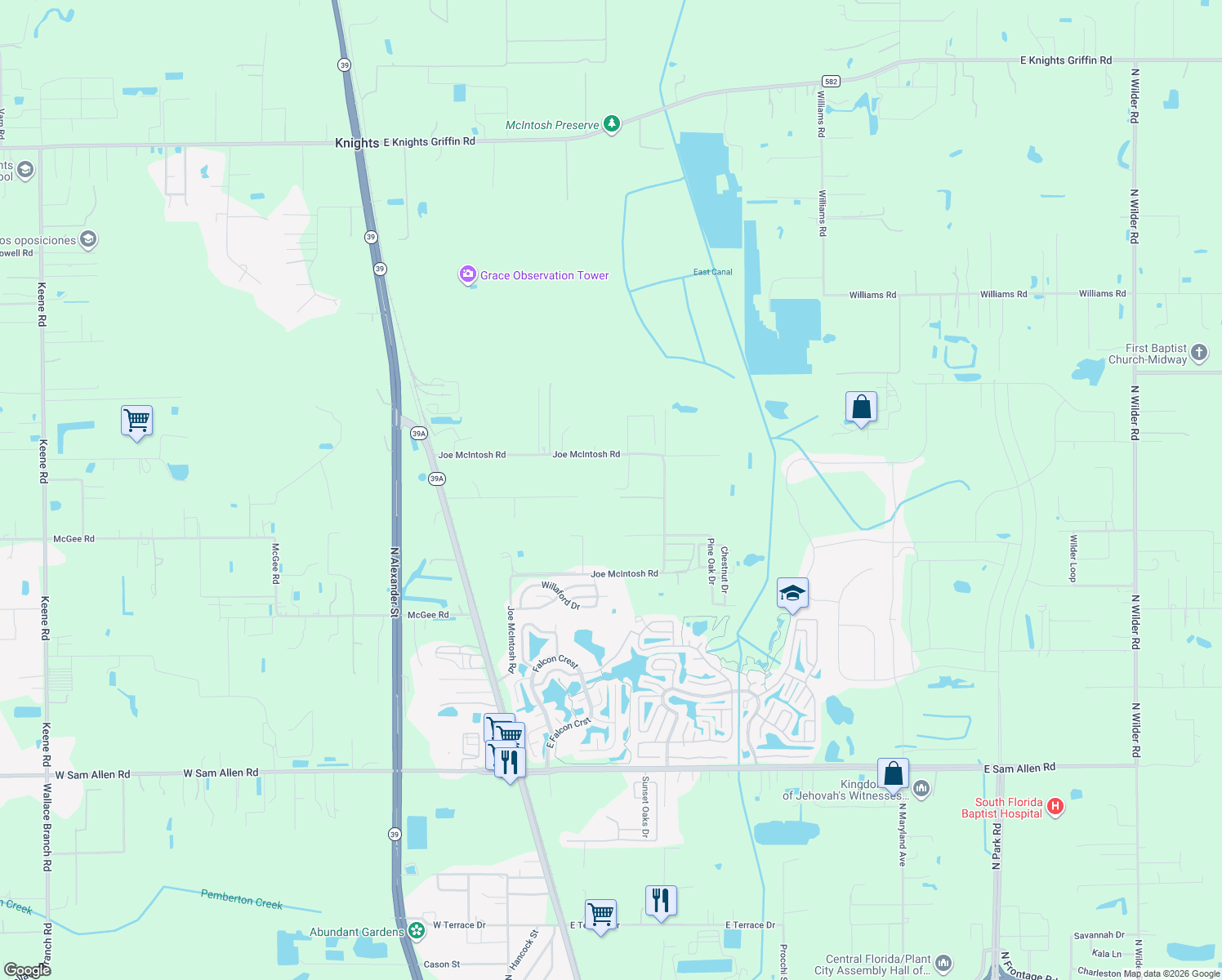 map of restaurants, bars, coffee shops, grocery stores, and more near 1503 Joe McIntosh Road in Plant City