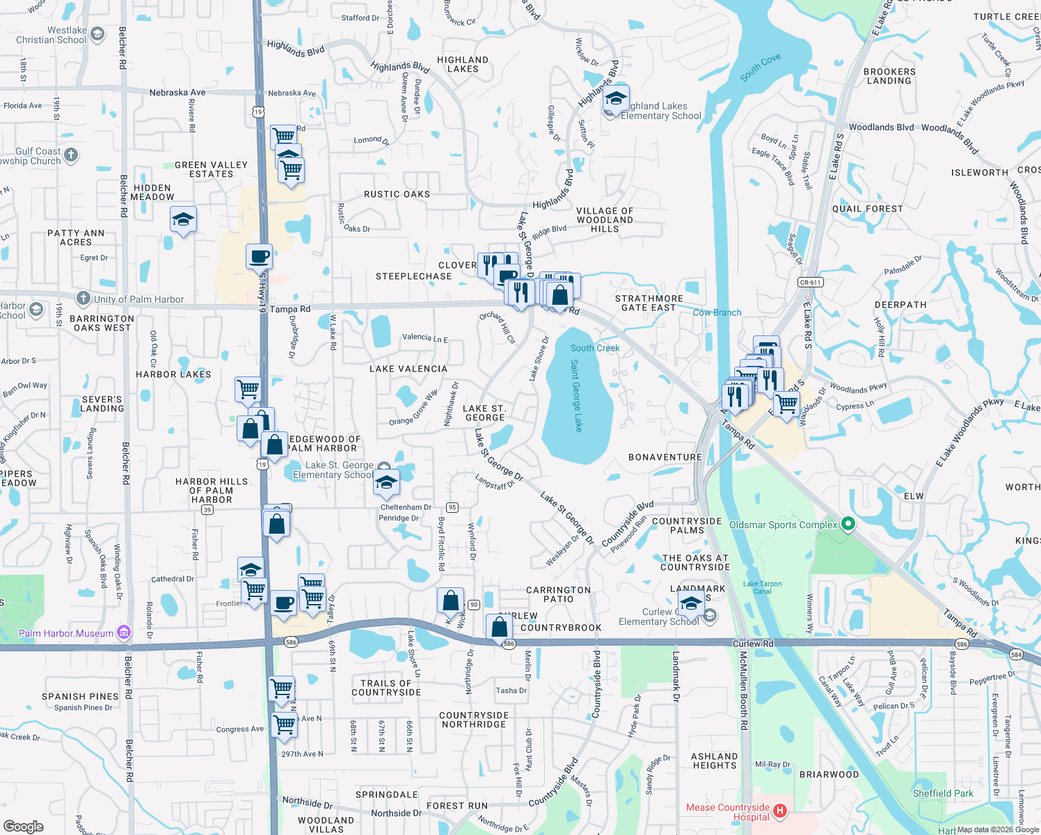 map of restaurants, bars, coffee shops, grocery stores, and more near 540 Sheridan Drive in Palm Harbor