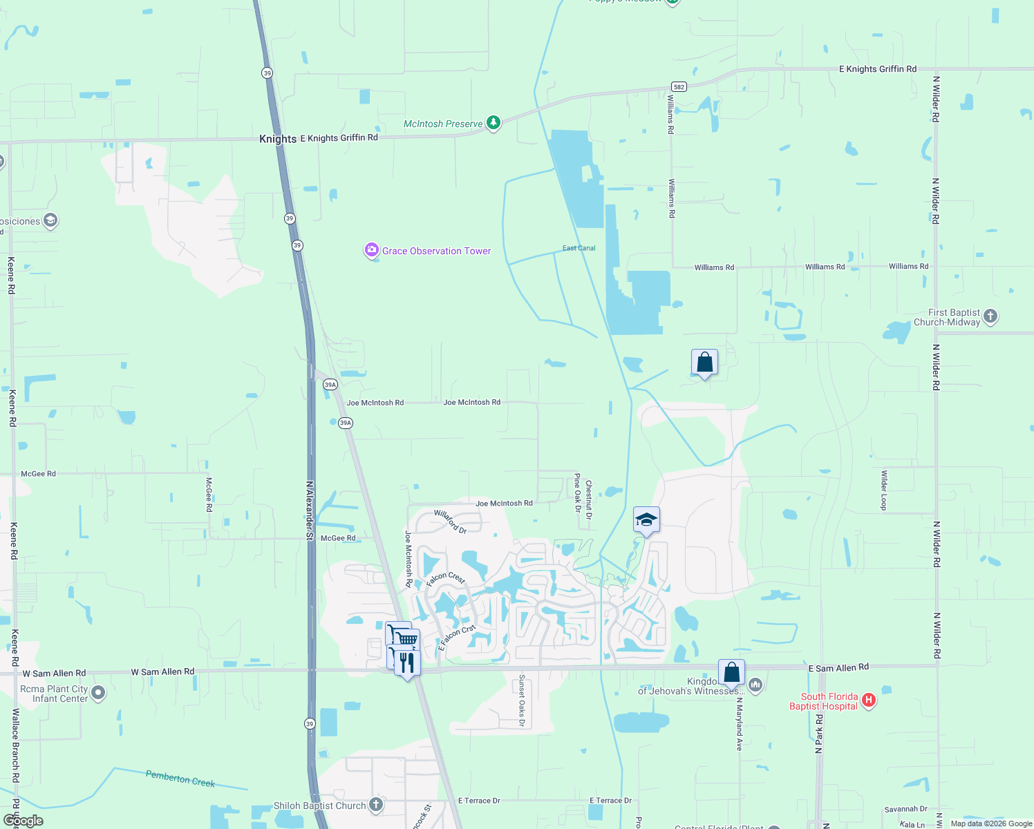 map of restaurants, bars, coffee shops, grocery stores, and more near 1407 Joe McIntosh Road in Plant City