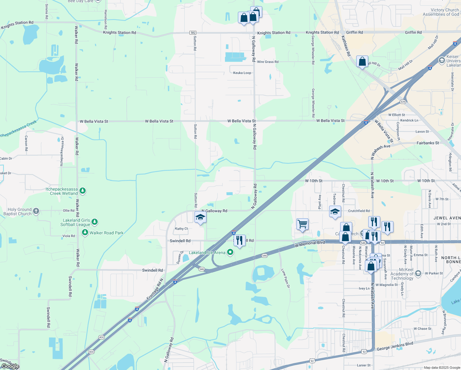 map of restaurants, bars, coffee shops, grocery stores, and more near 3338 West 10th Street in Lakeland