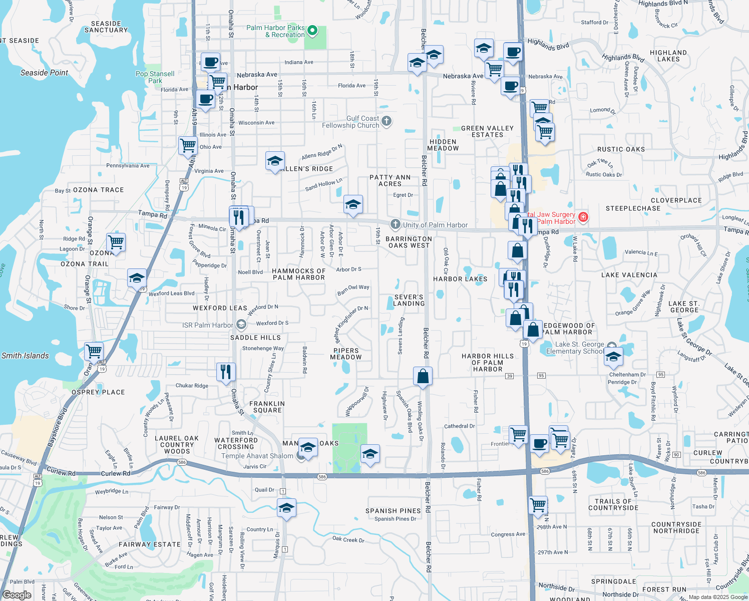 map of restaurants, bars, coffee shops, grocery stores, and more near 493 Pine Warbler Way North in Palm Harbor