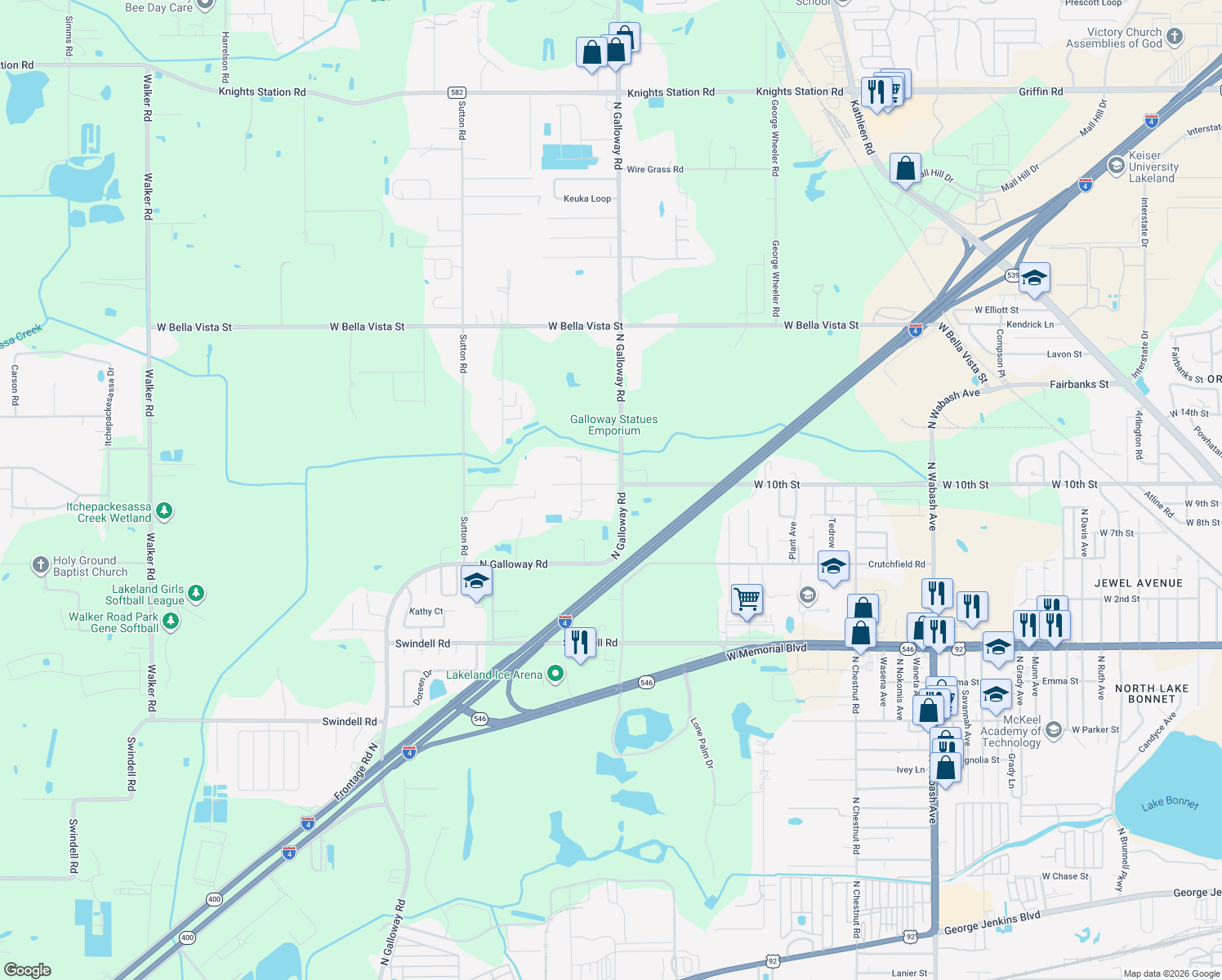 map of restaurants, bars, coffee shops, grocery stores, and more near 1342 North Galloway Road in Lakeland