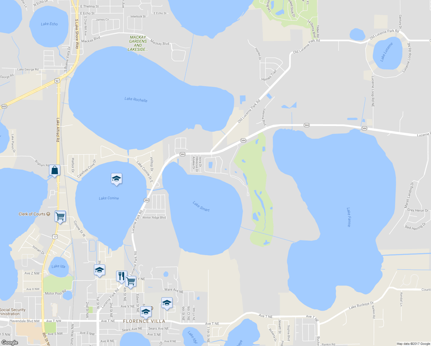map of restaurants, bars, coffee shops, grocery stores, and more near 3456 Julius Estate Boulevard in Winter Haven