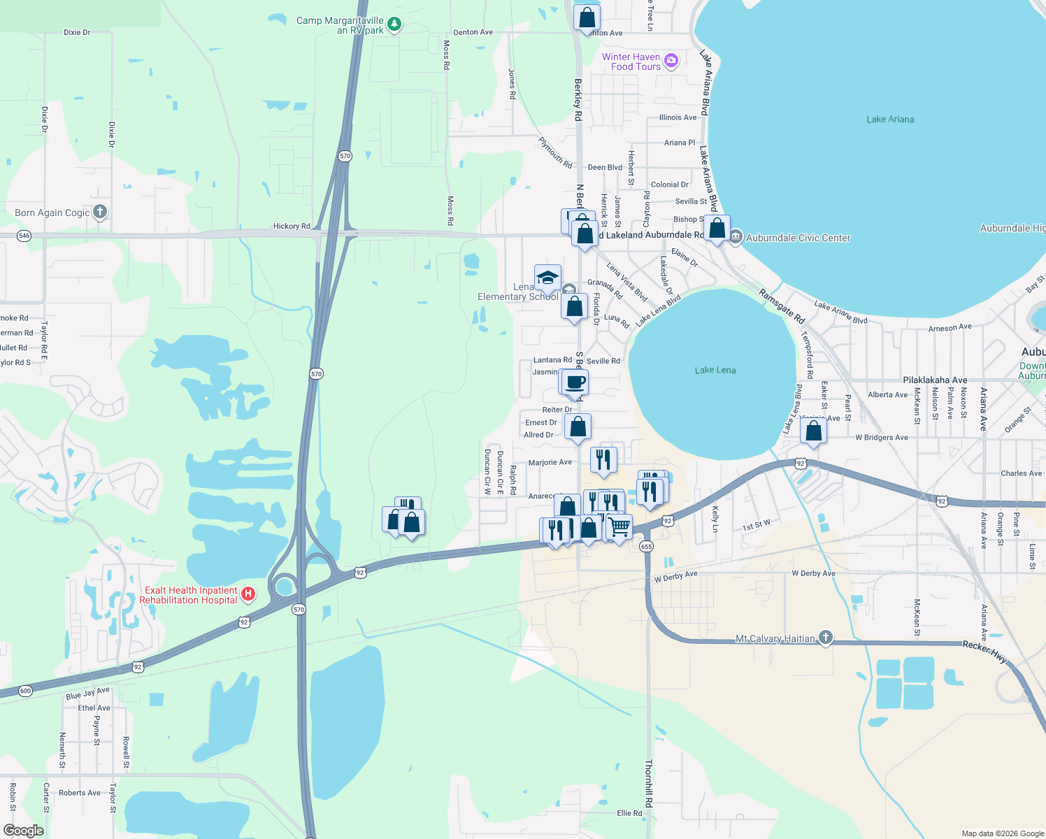 map of restaurants, bars, coffee shops, grocery stores, and more near 3025 Ernest Drive in Auburndale
