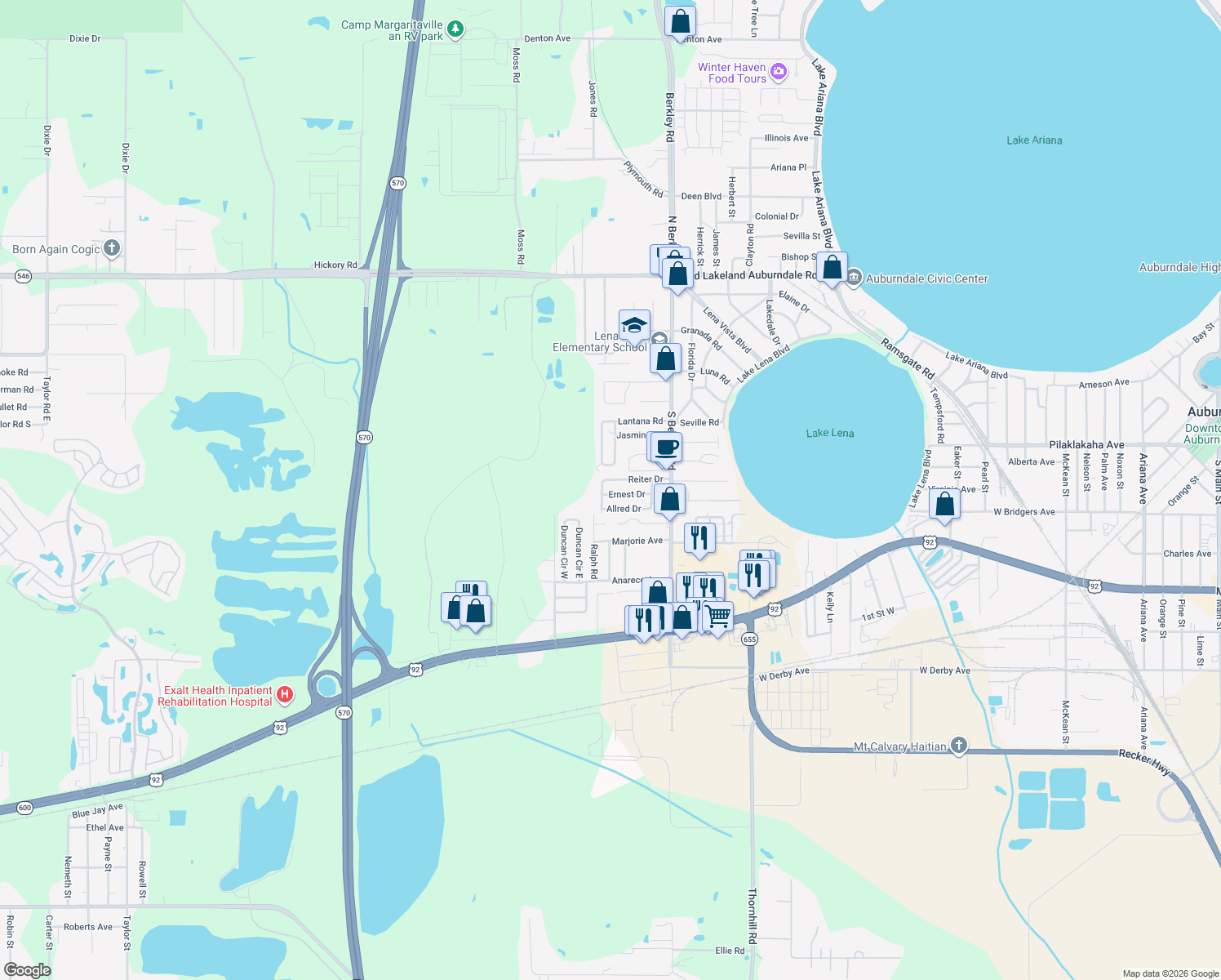 map of restaurants, bars, coffee shops, grocery stores, and more near 3025 Ernest Drive in Auburndale