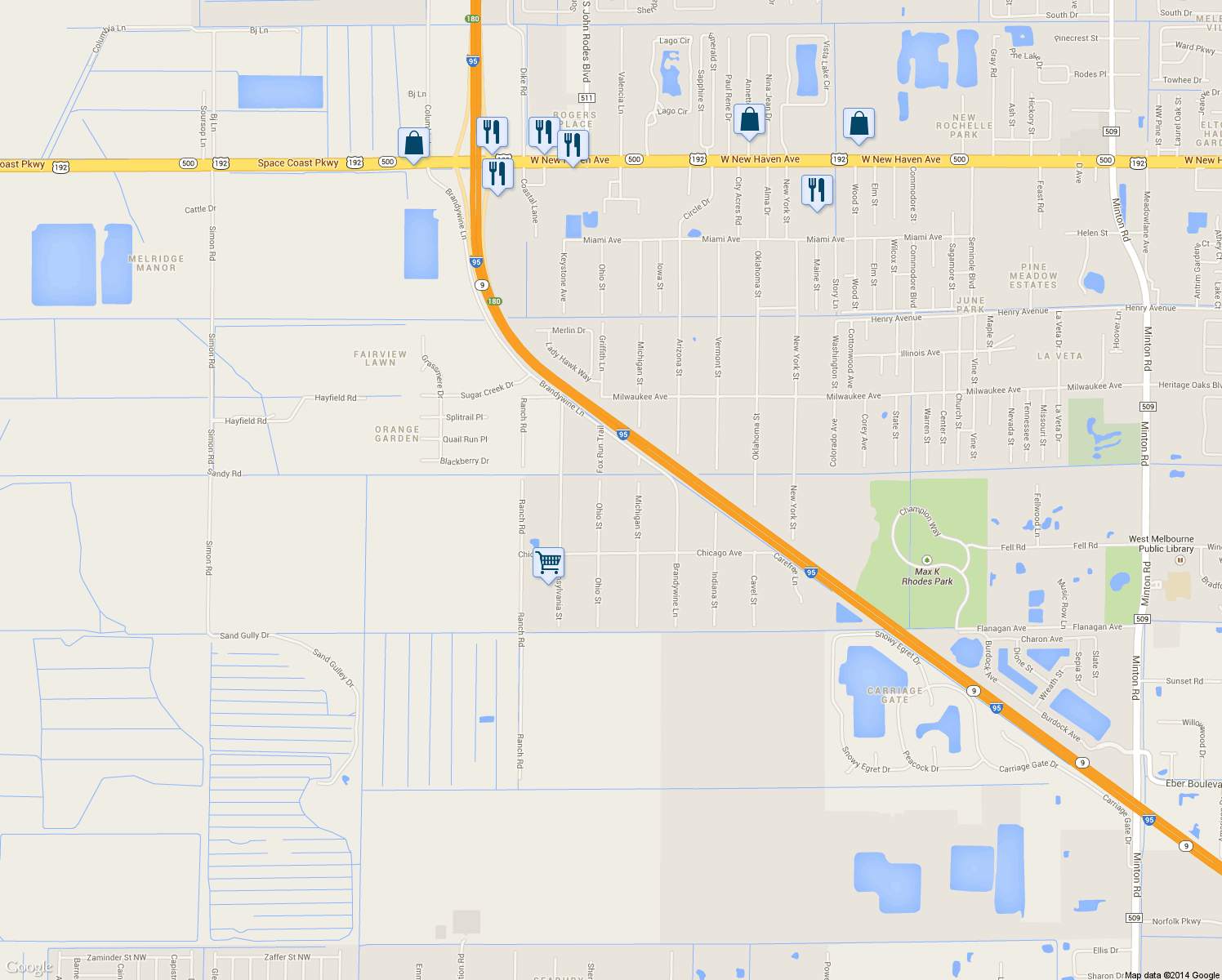 map of restaurants, bars, coffee shops, grocery stores, and more near 2721 Ohio Street in Melbourne