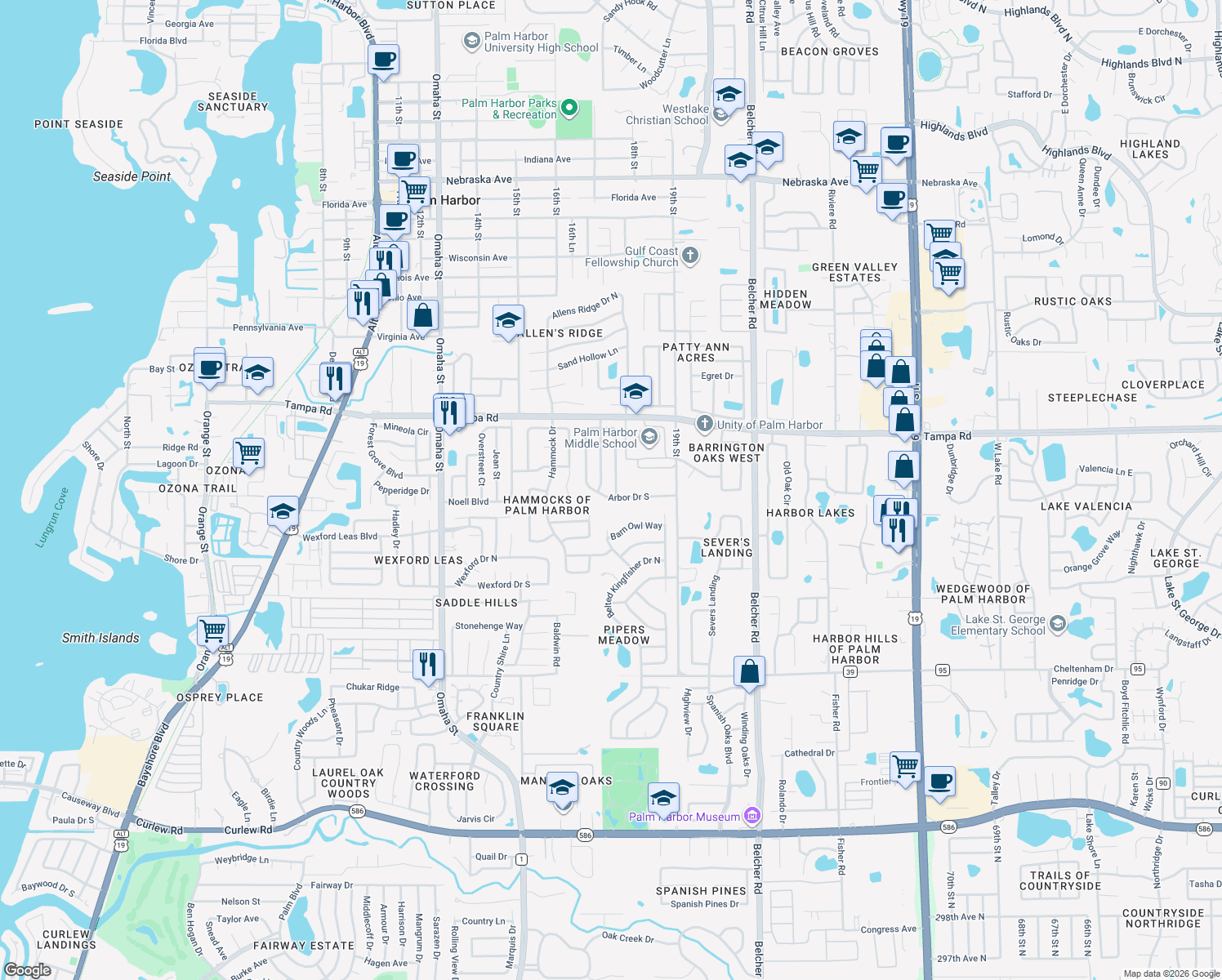 map of restaurants, bars, coffee shops, grocery stores, and more near 321 Arbor Drive East in Palm Harbor