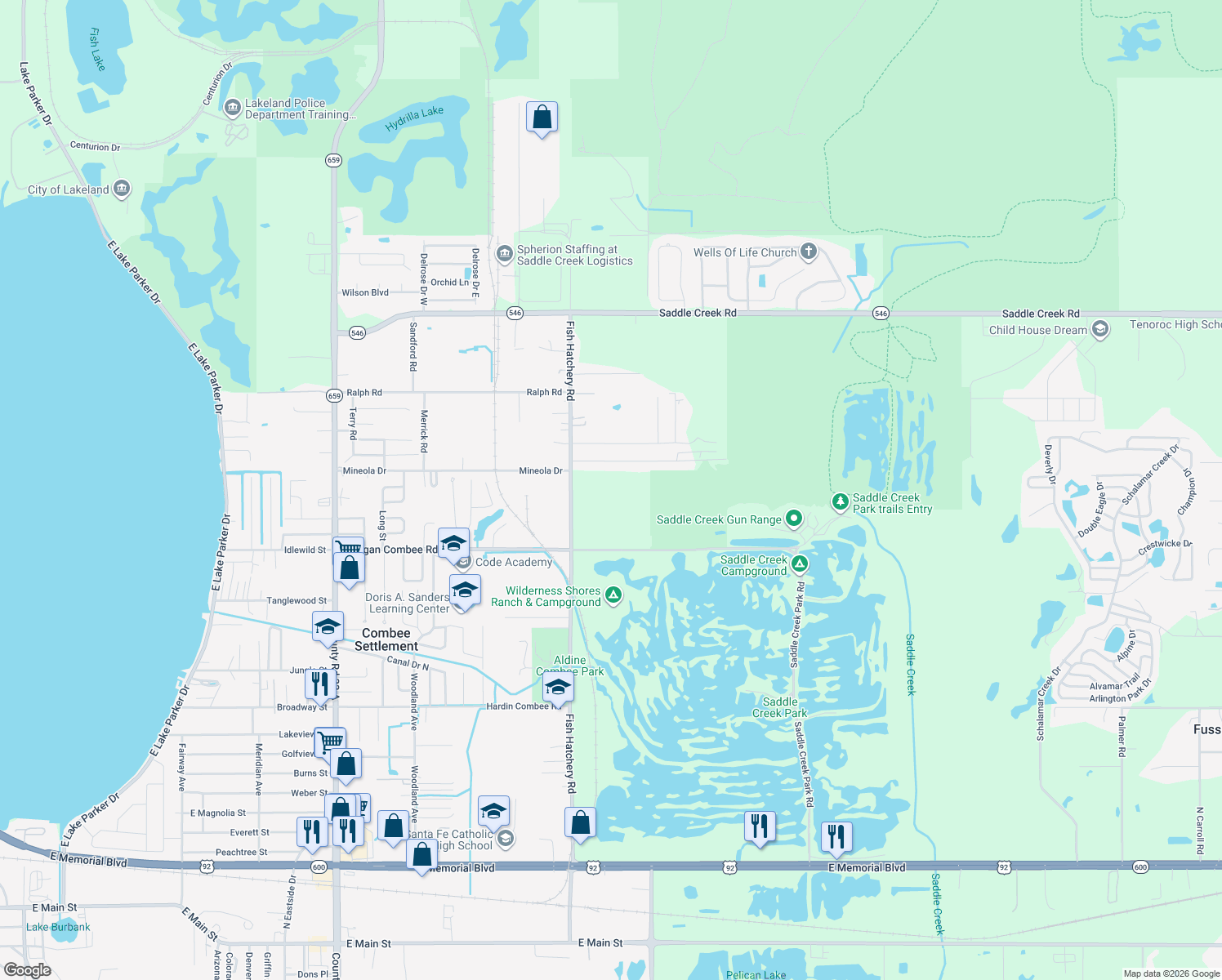map of restaurants, bars, coffee shops, grocery stores, and more near 1525 Fish Hatchery Road in Lakeland