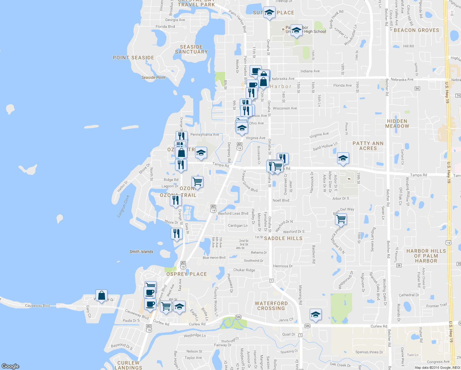 map of restaurants, bars, coffee shops, grocery stores, and more near 241 Whisper Lake Road in Palm Harbor