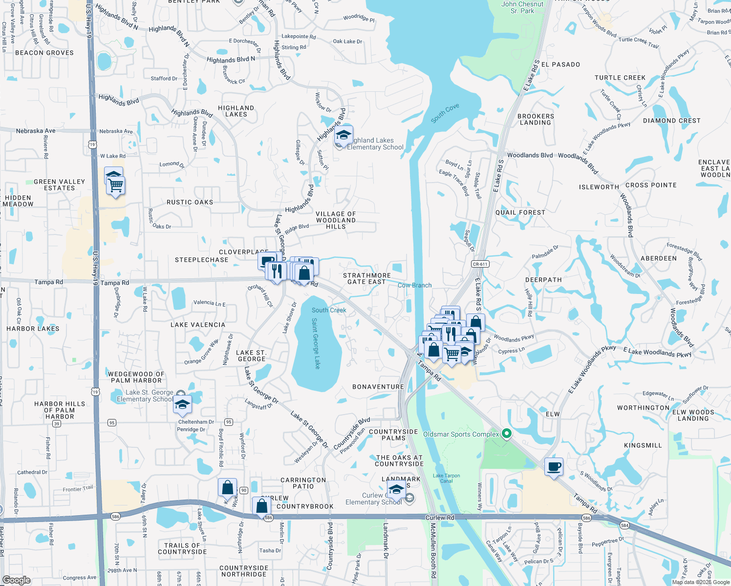 map of restaurants, bars, coffee shops, grocery stores, and more near 2910 Star Apple Court in Palm Harbor