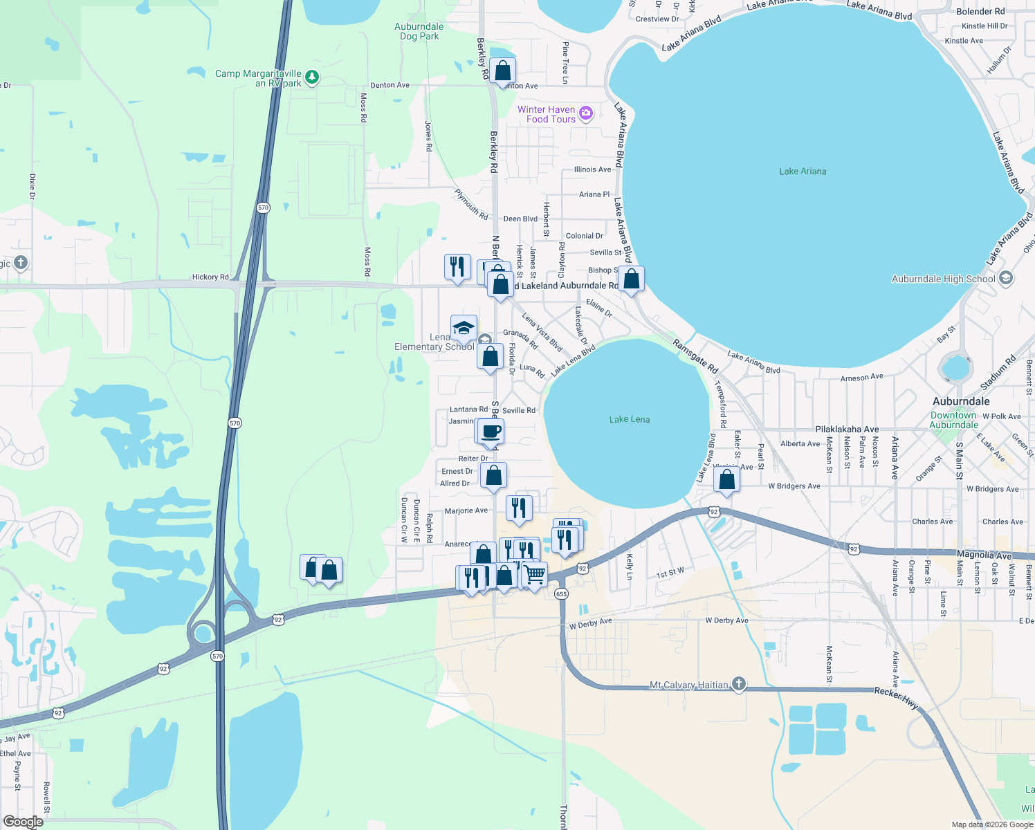map of restaurants, bars, coffee shops, grocery stores, and more near 116 Seville Rd in Auburndale