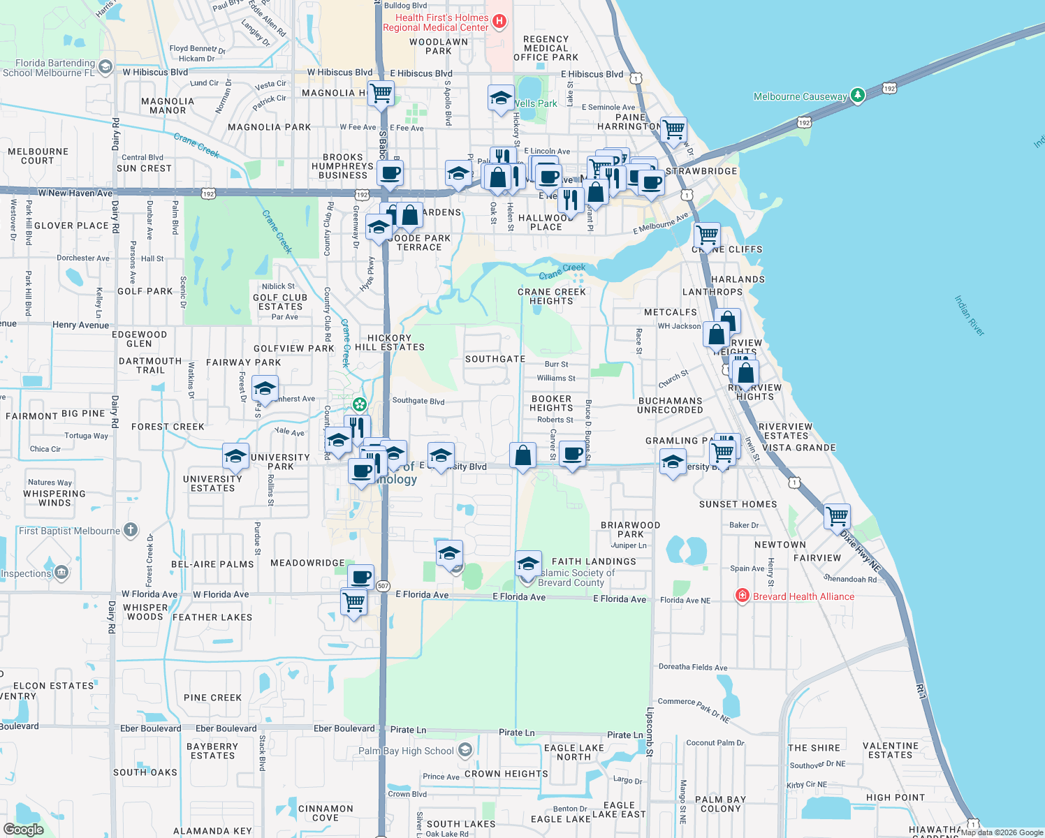 map of restaurants, bars, coffee shops, grocery stores, and more near 501 Roberts Street in Melbourne