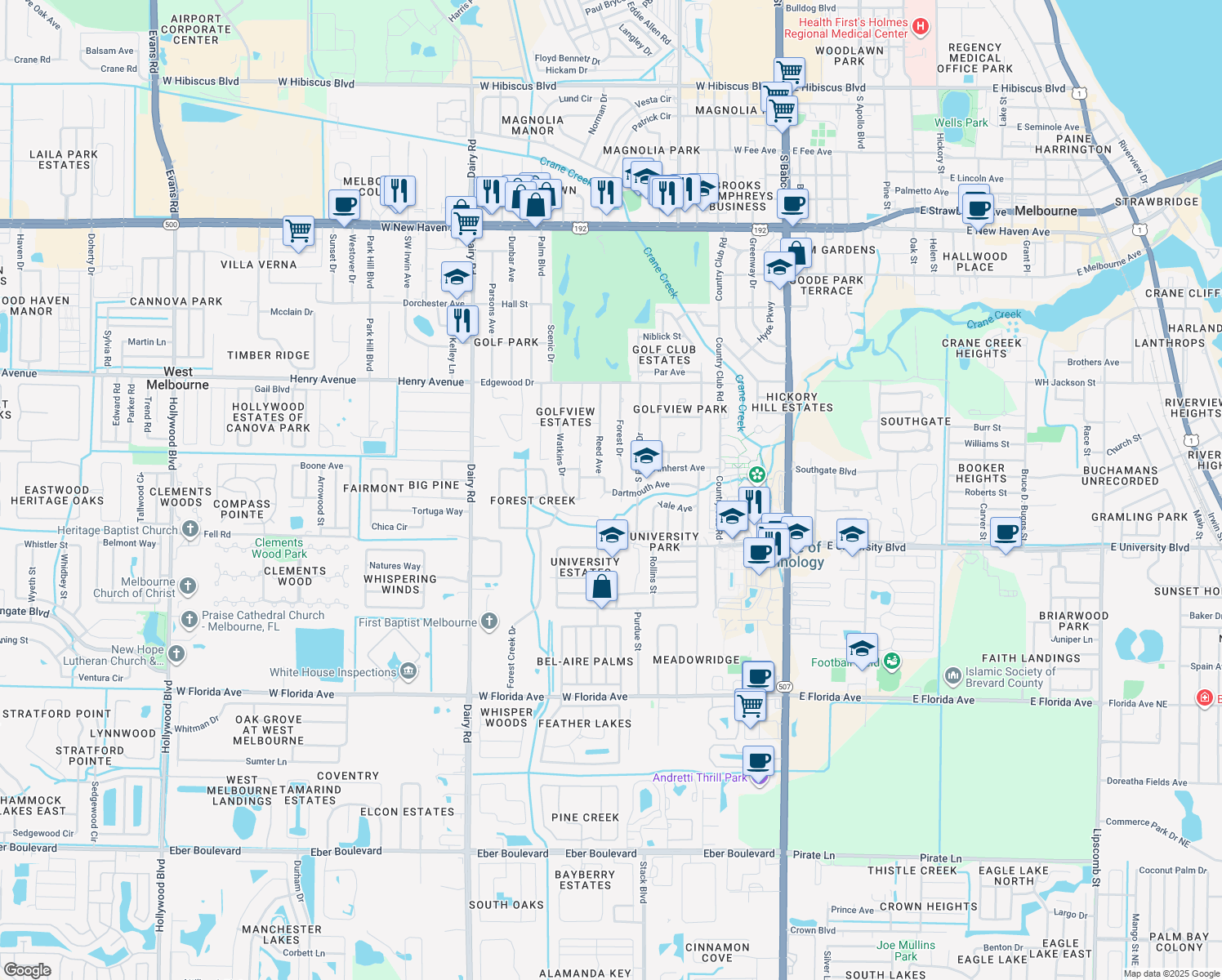 map of restaurants, bars, coffee shops, grocery stores, and more near 608 Dartmouth Avenue in Melbourne