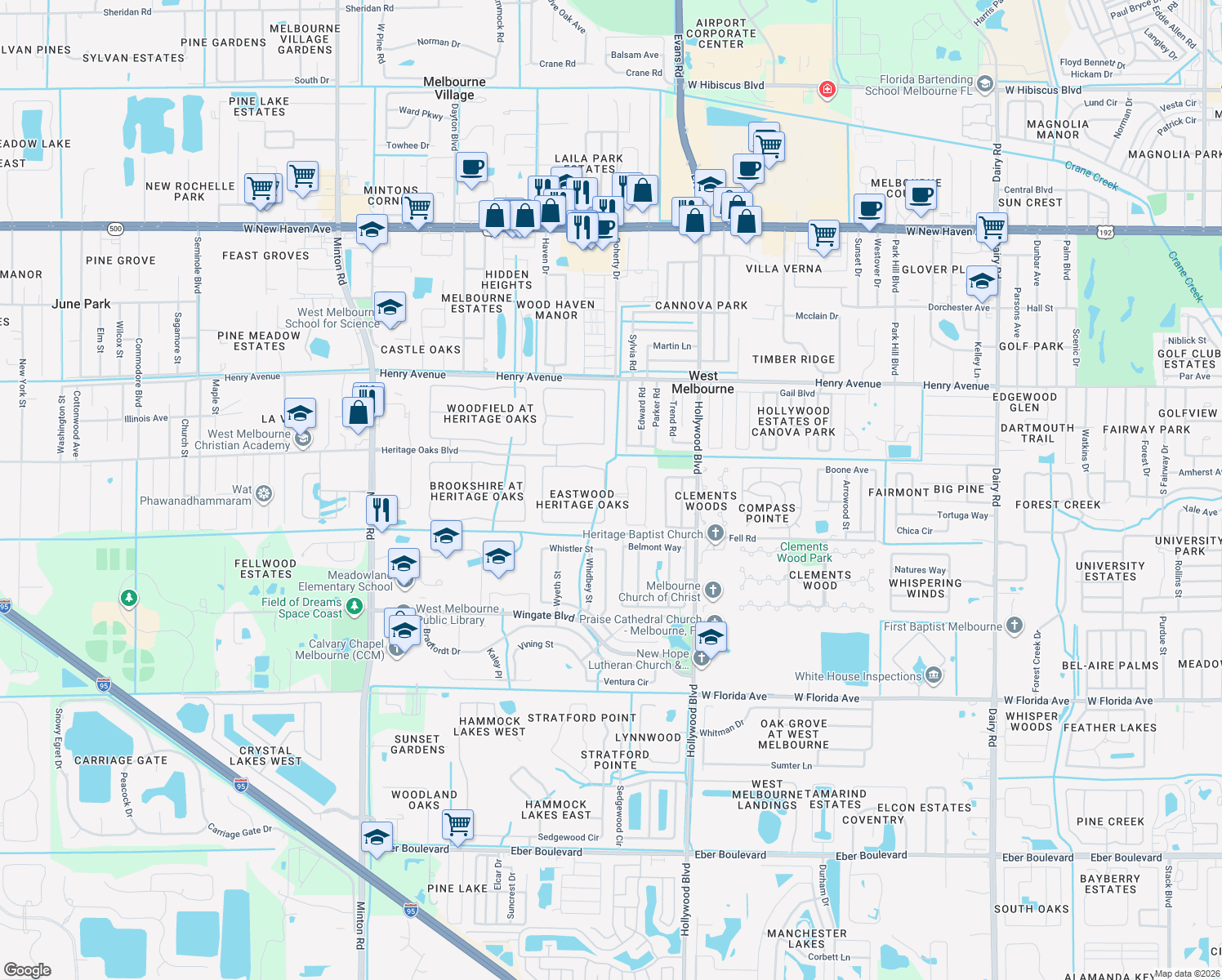 map of restaurants, bars, coffee shops, grocery stores, and more near 2128 Maeve Circle in West Melbourne
