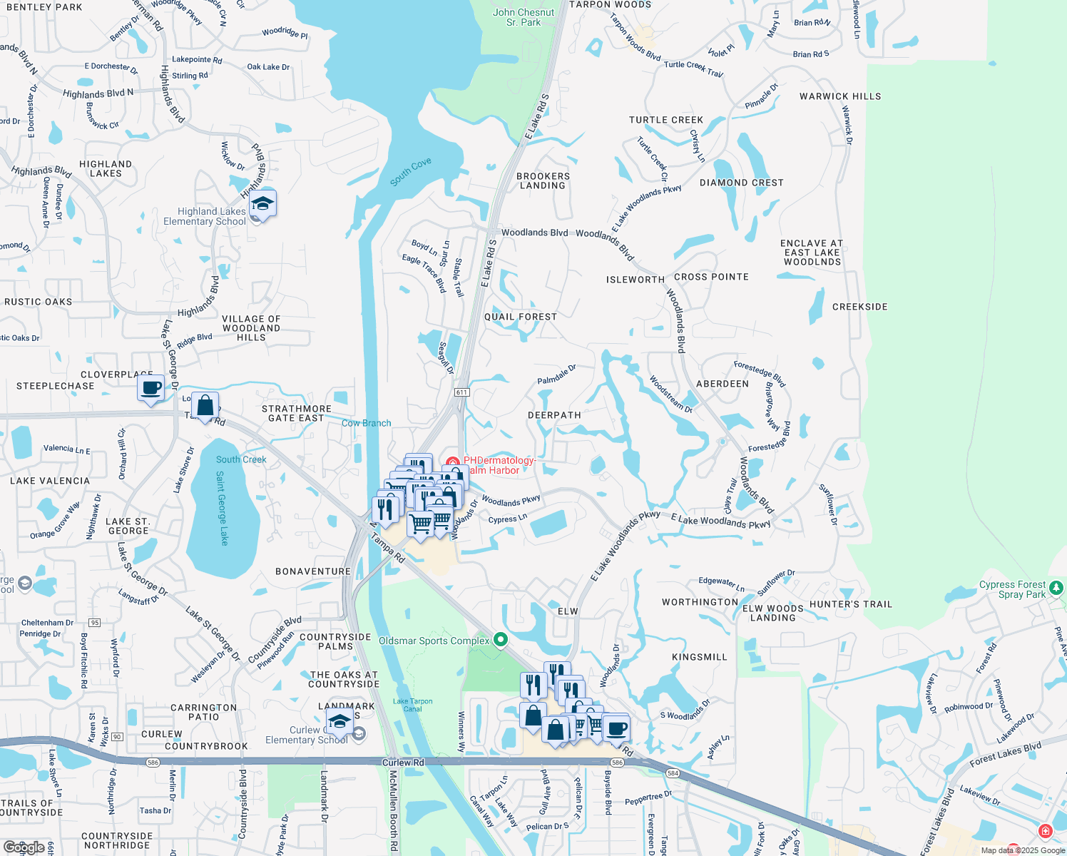 map of restaurants, bars, coffee shops, grocery stores, and more near 390 Holly Hill Road in Oldsmar