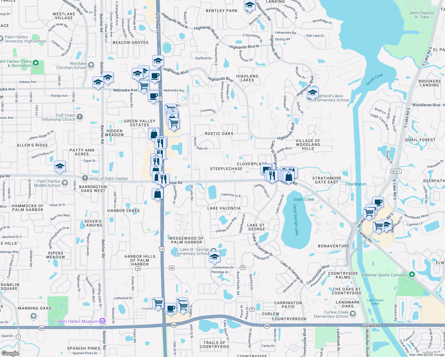 map of restaurants, bars, coffee shops, grocery stores, and more near 106 Hunter Court in Palm Harbor
