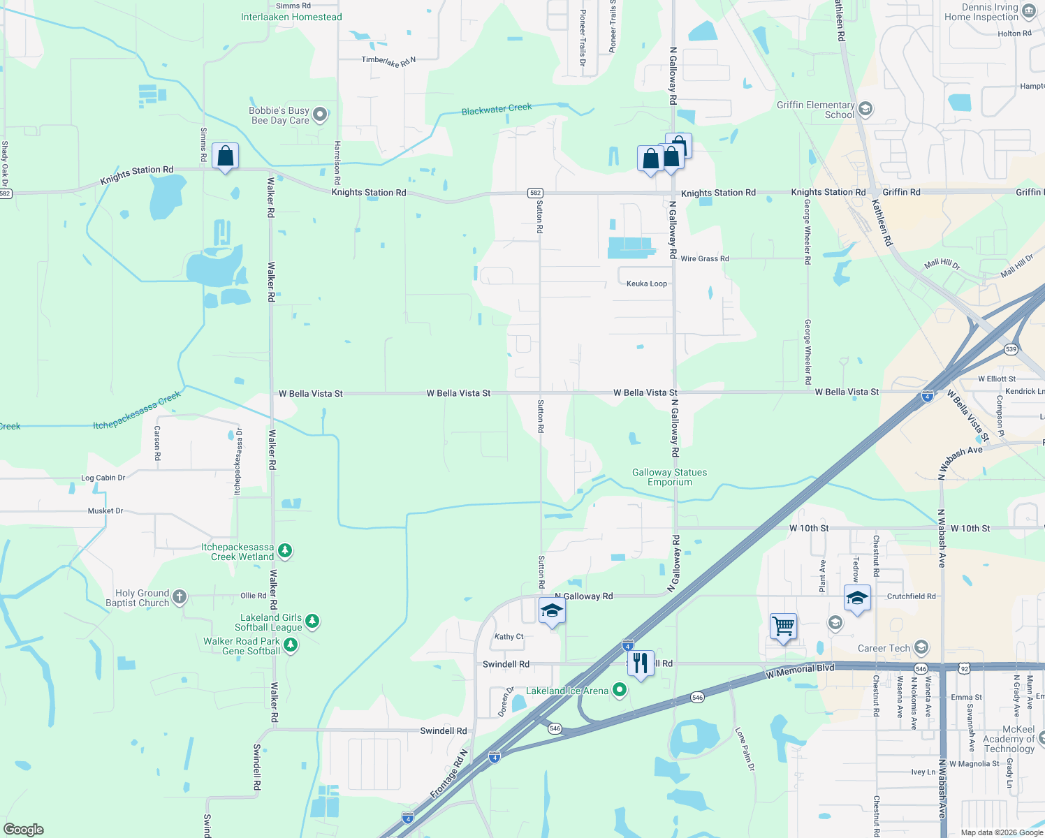 map of restaurants, bars, coffee shops, grocery stores, and more near 1720 Sutton Road in Lakeland