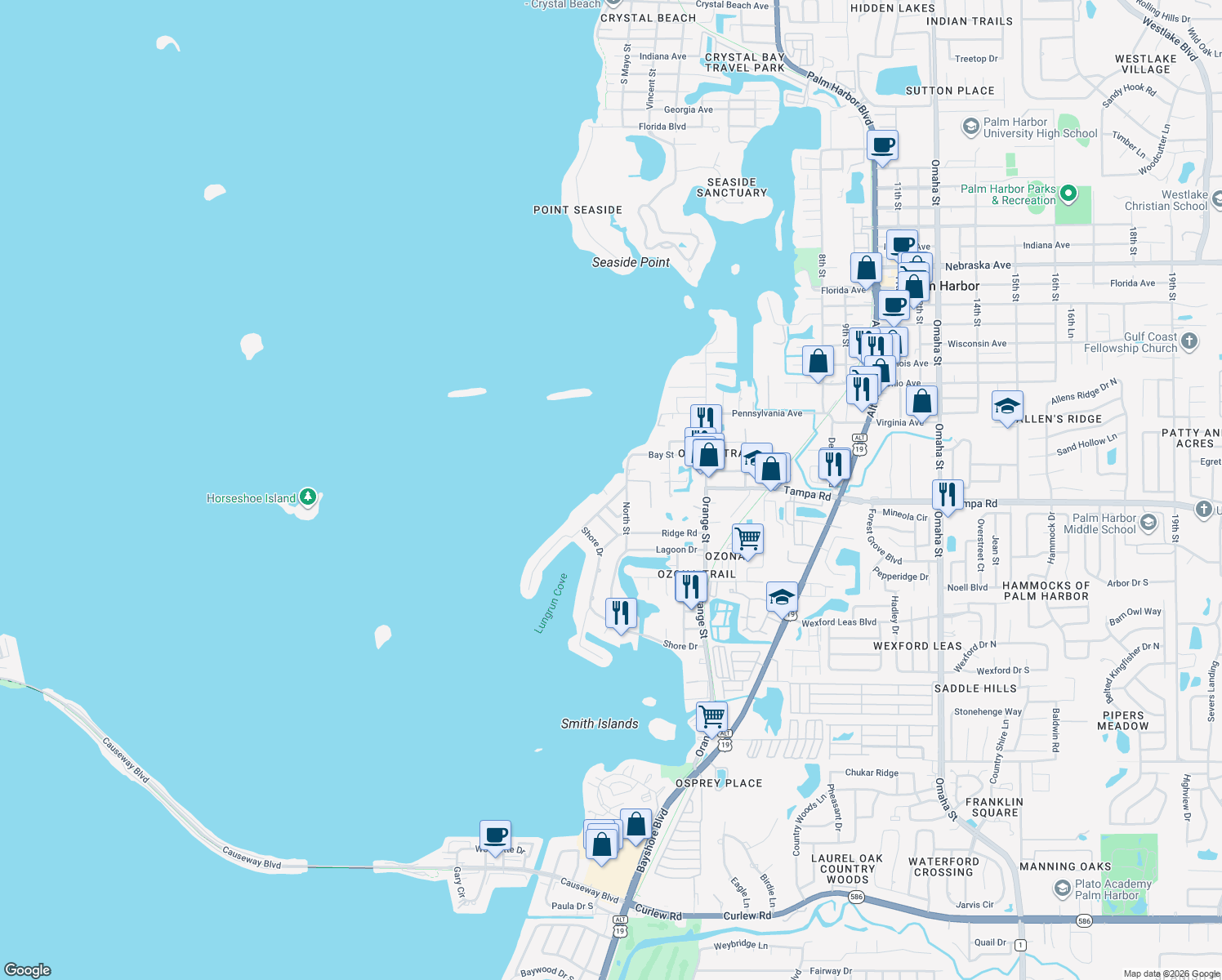 map of restaurants, bars, coffee shops, grocery stores, and more near 302 Shore Drive in Palm Harbor