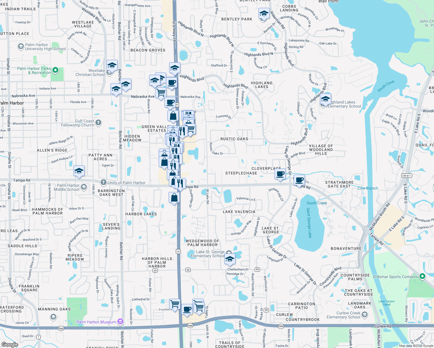 map of restaurants, bars, coffee shops, grocery stores, and more near 208 Saint Ives Drive in Palm Harbor