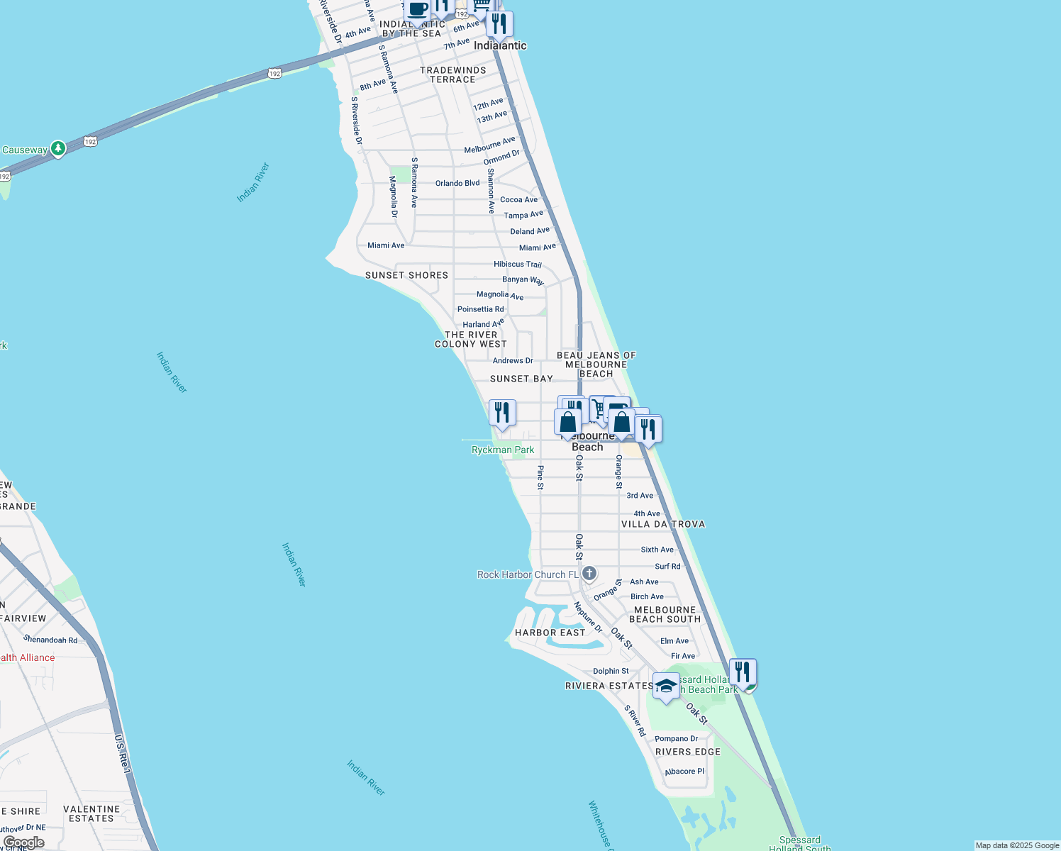 map of restaurants, bars, coffee shops, grocery stores, and more near 507 Avenue A in Melbourne Beach