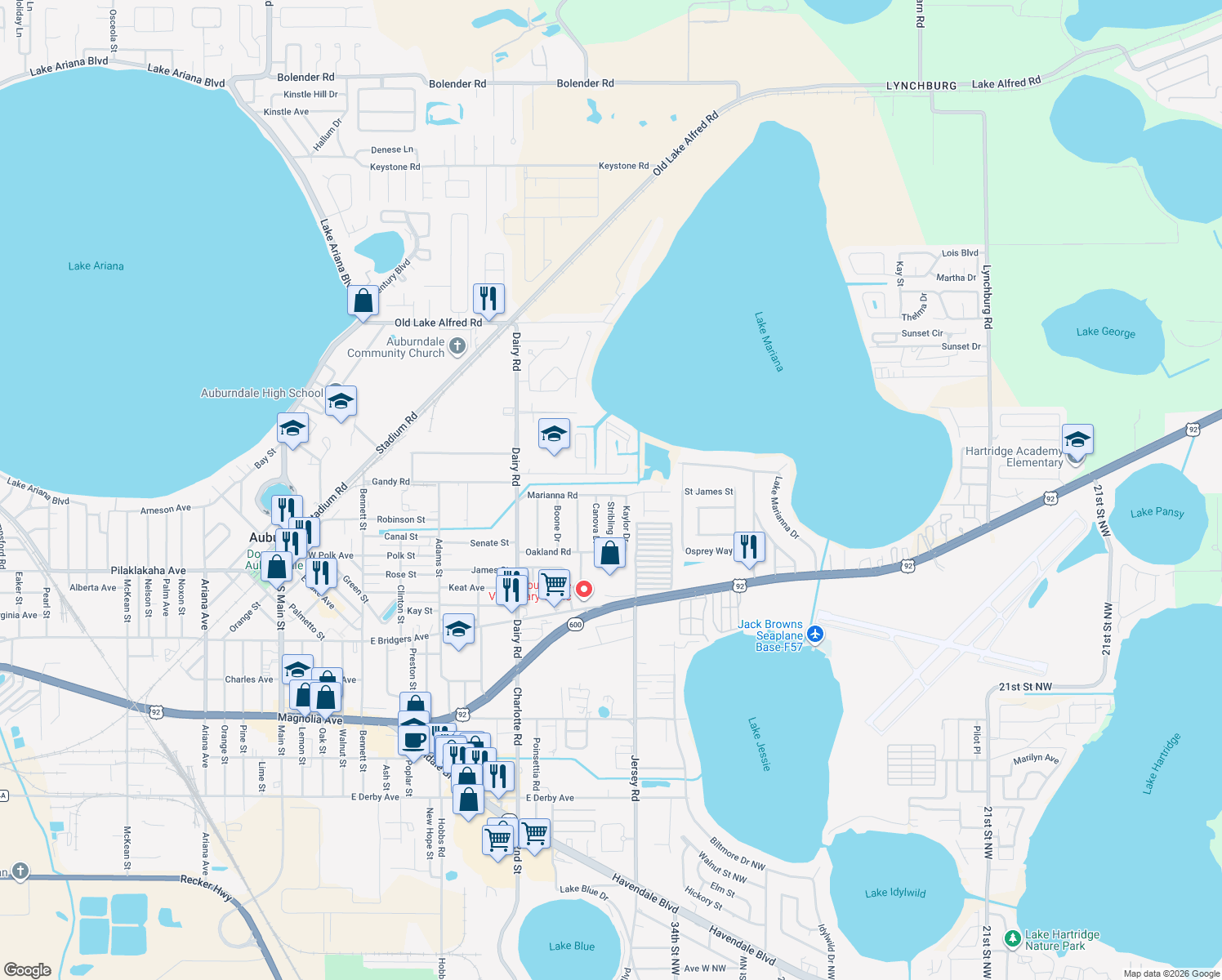map of restaurants, bars, coffee shops, grocery stores, and more near 611 Marianna Road in Auburndale
