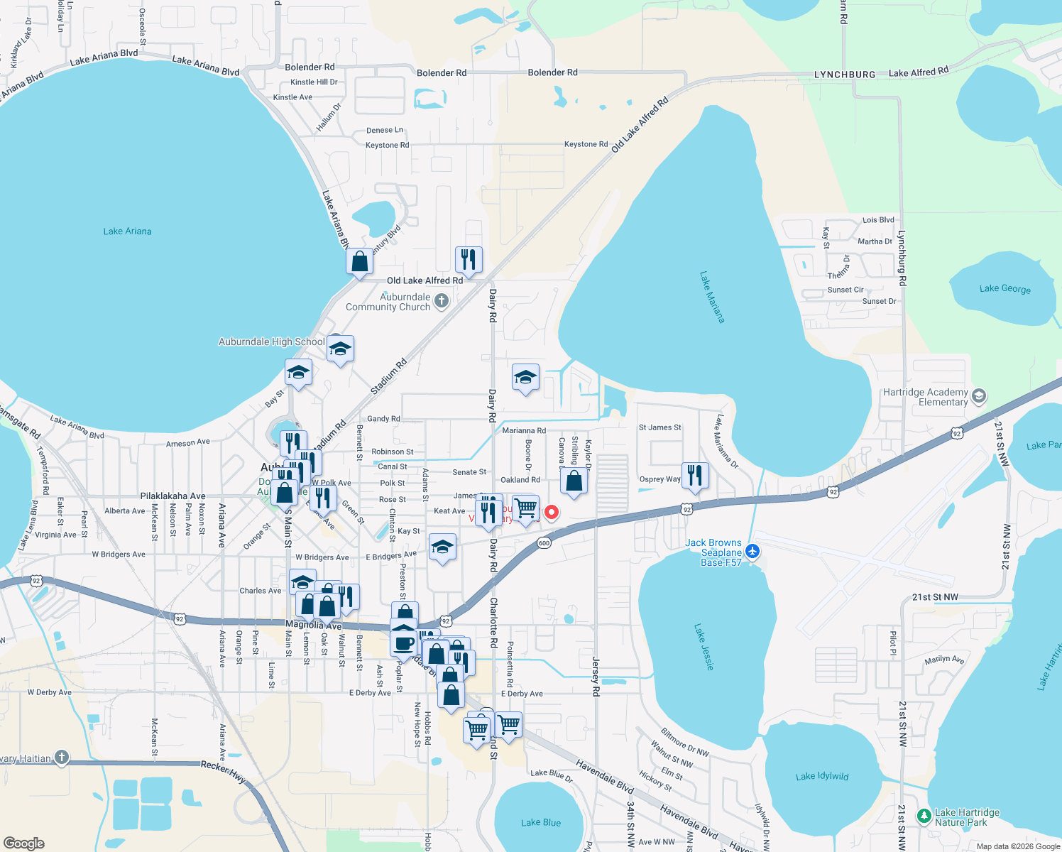 map of restaurants, bars, coffee shops, grocery stores, and more near 517 Marianna Road in Auburndale
