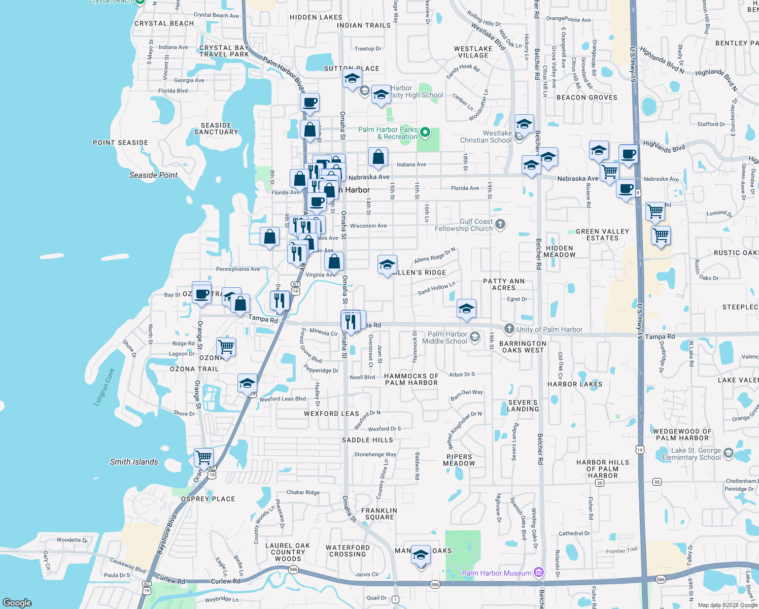 map of restaurants, bars, coffee shops, grocery stores, and more near 1434 Glenview Road in Palm Harbor