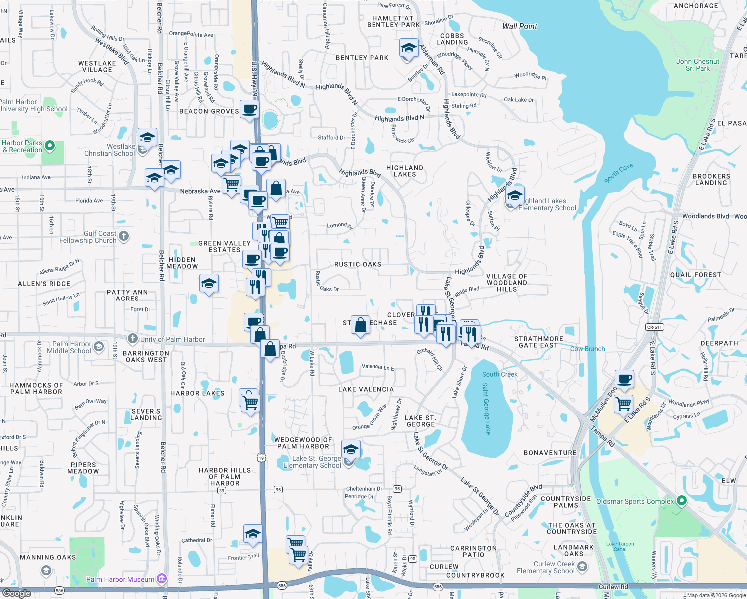 map of restaurants, bars, coffee shops, grocery stores, and more near 372 Steeplechase Lane in Palm Harbor