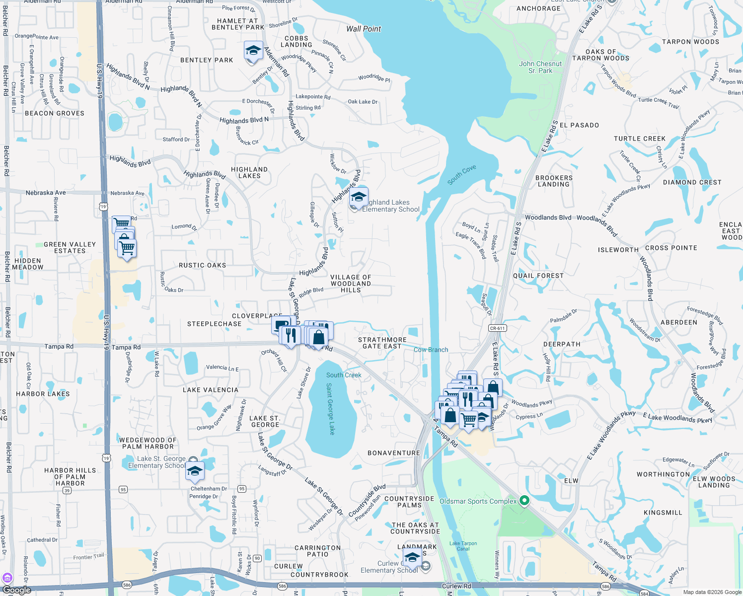 map of restaurants, bars, coffee shops, grocery stores, and more near 3550 Ermine Path in Palm Harbor
