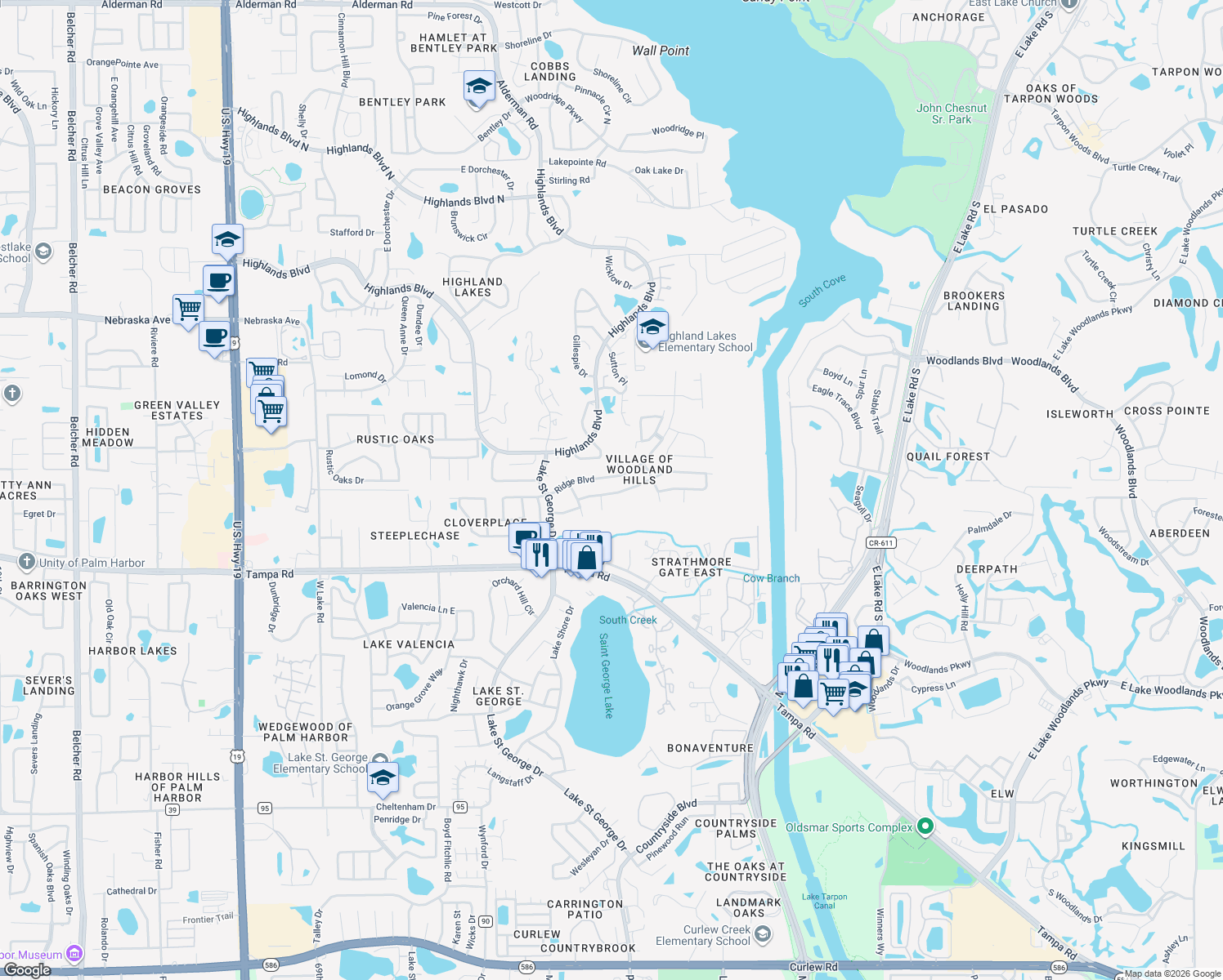map of restaurants, bars, coffee shops, grocery stores, and more near 3469 Rolling Trail in Palm Harbor