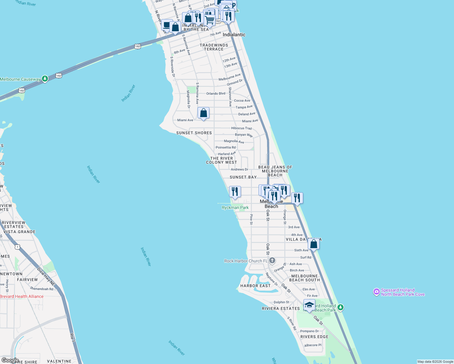 map of restaurants, bars, coffee shops, grocery stores, and more near 705 Riverside Drive in Melbourne Beach