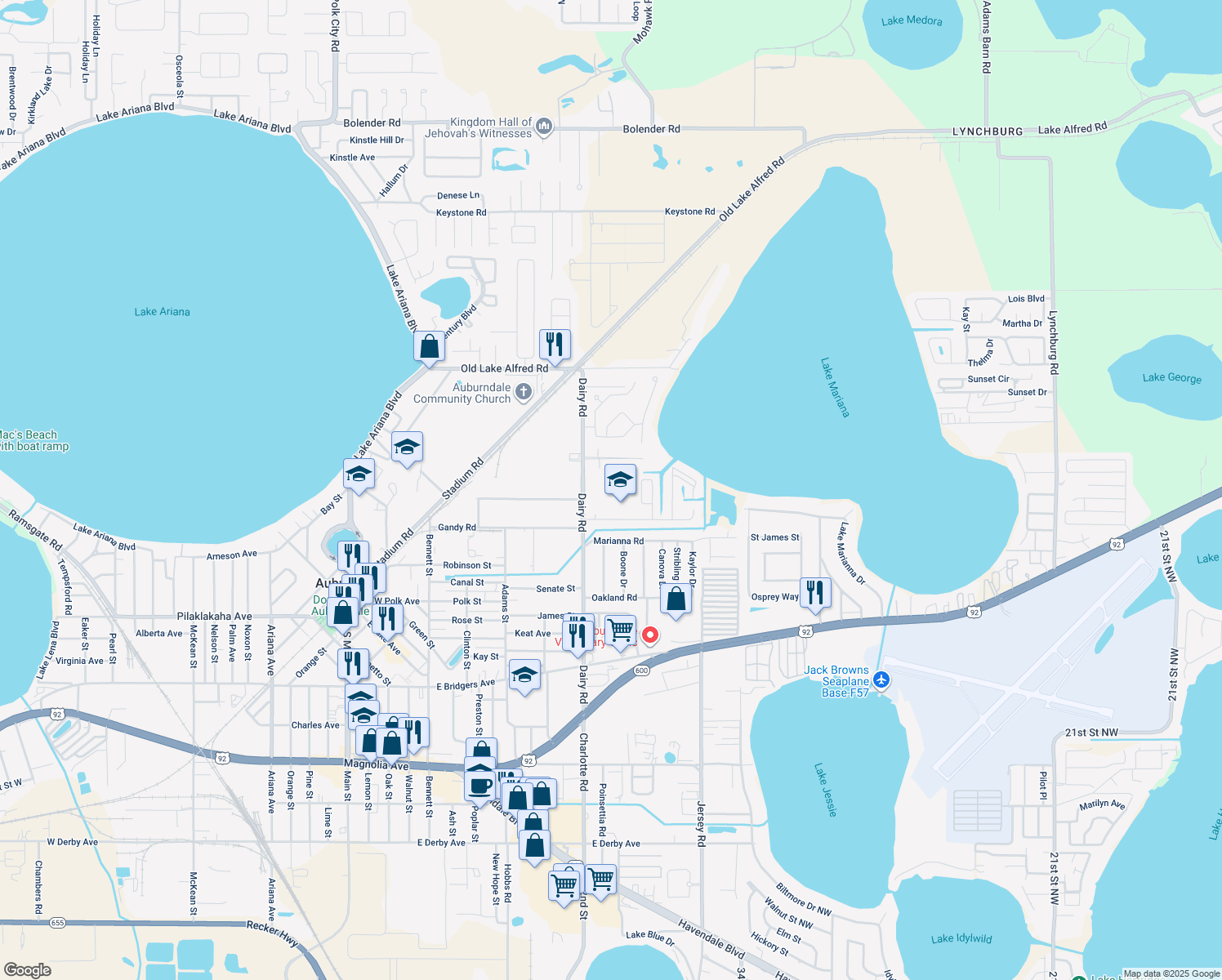 map of restaurants, bars, coffee shops, grocery stores, and more near 141 Dairy Road in Auburndale