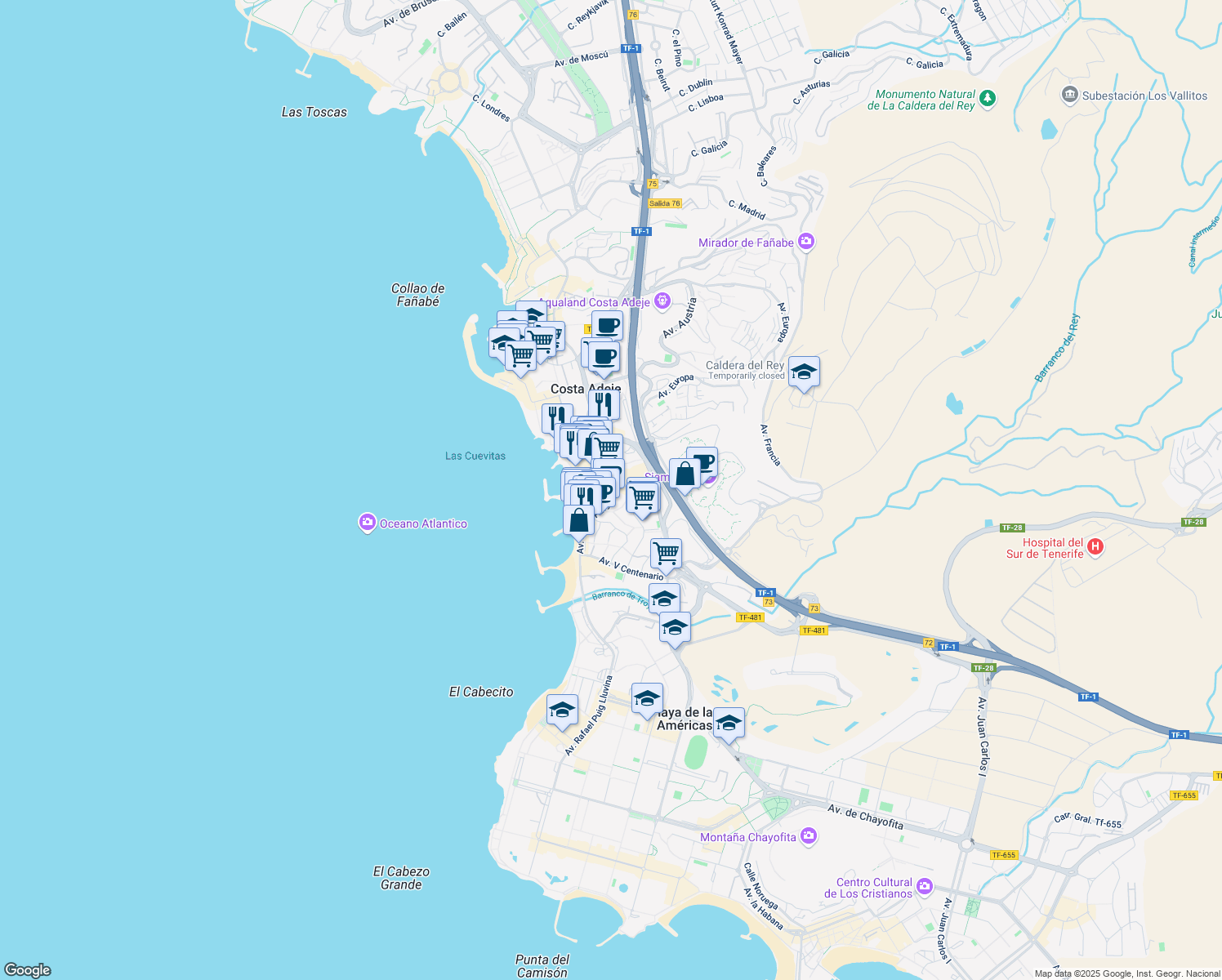 map of restaurants, bars, coffee shops, grocery stores, and more near 11 Calle Venezuela in Costa Adeje