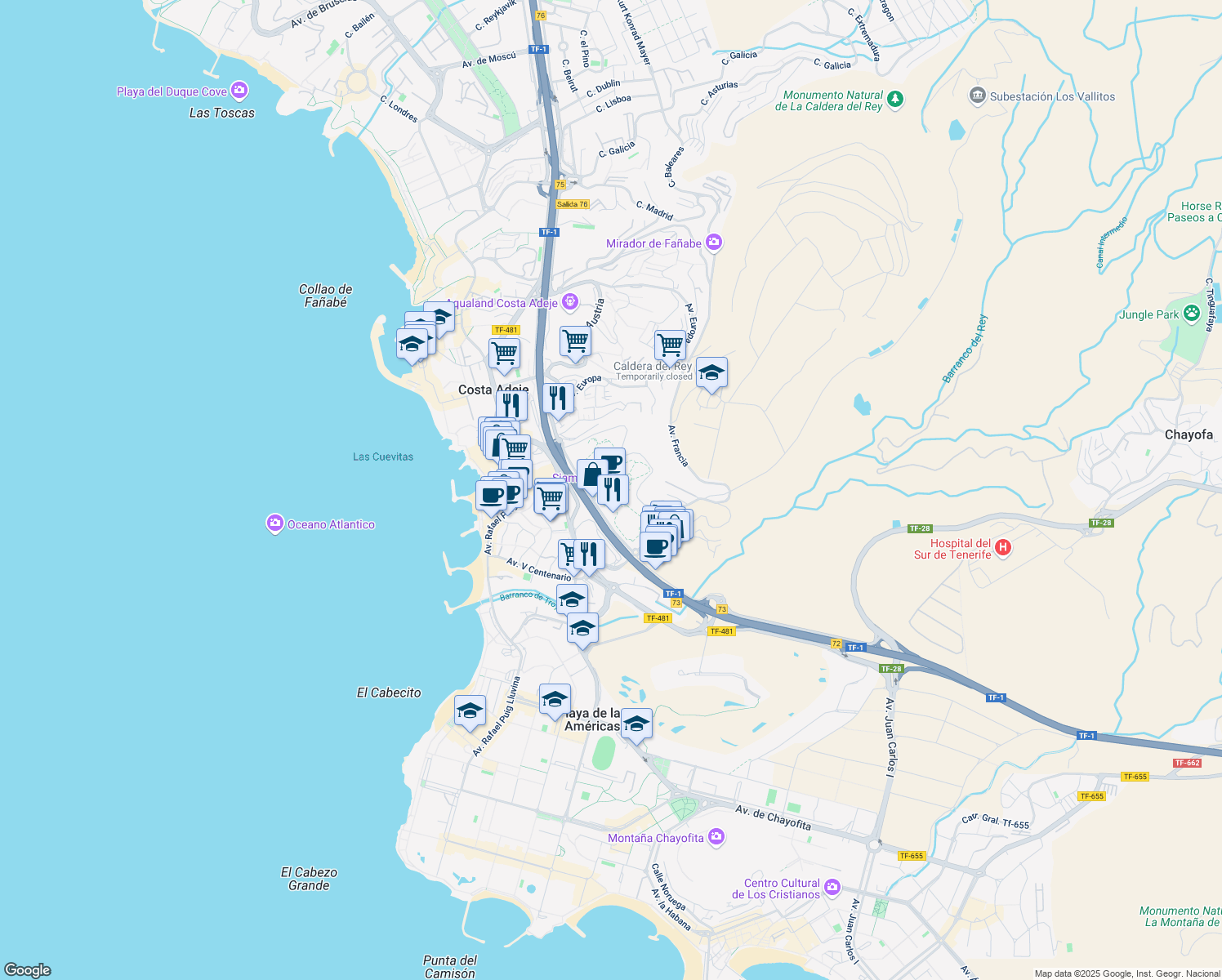 map of restaurants, bars, coffee shops, grocery stores, and more near 62H Urbanizacion Americas Sau in Costa Adeje