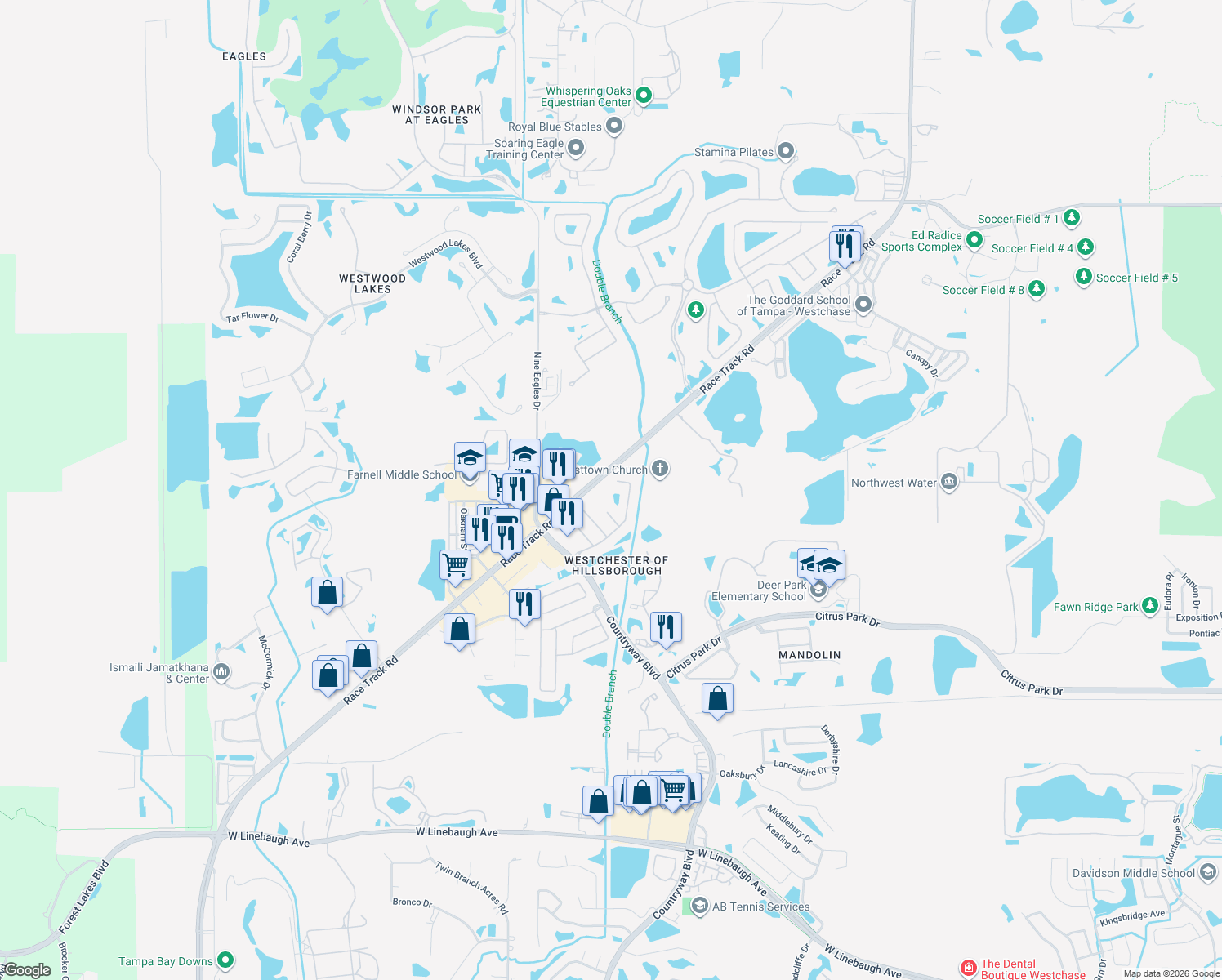 map of restaurants, bars, coffee shops, grocery stores, and more near 11001 Northumberland Drive in Westchase