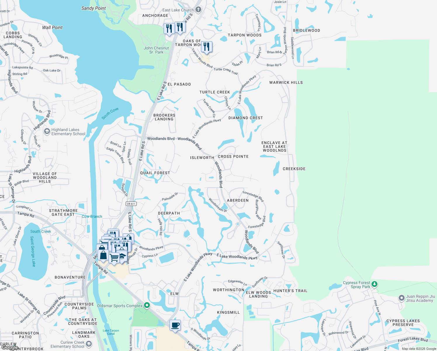 map of restaurants, bars, coffee shops, grocery stores, and more near 4766 Stoneview Circle in Oldsmar
