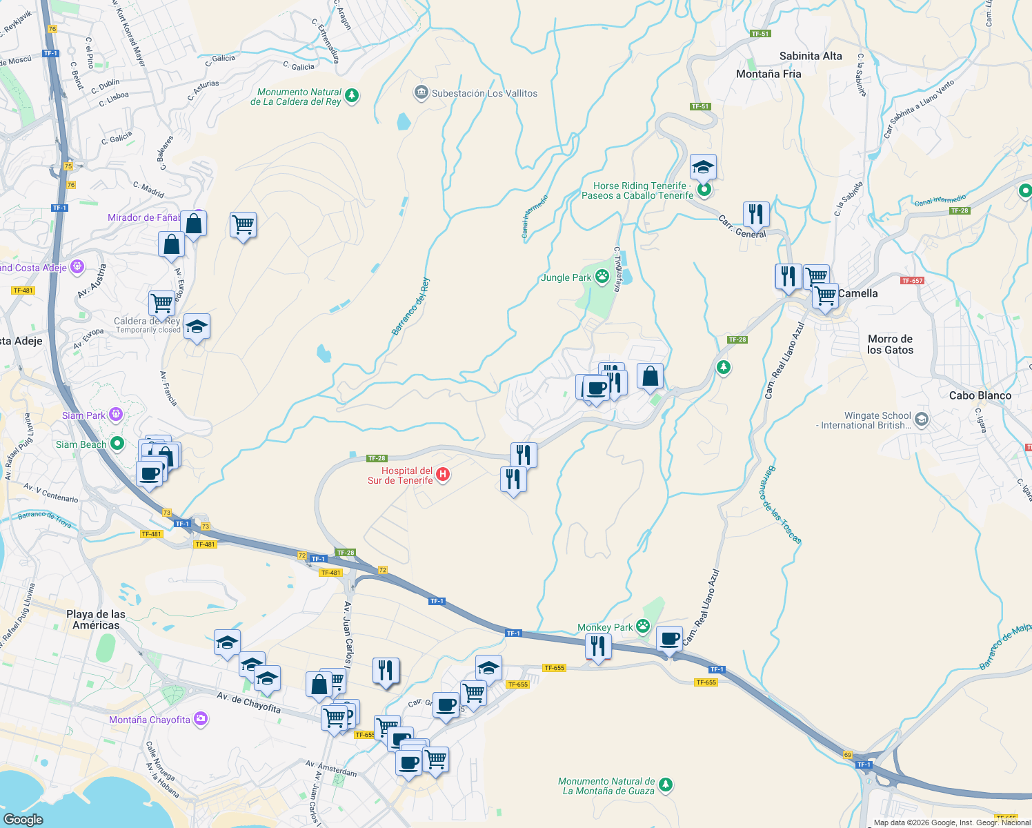 map of restaurants, bars, coffee shops, grocery stores, and more near 3 Calle Tinguafaya in Chayofa