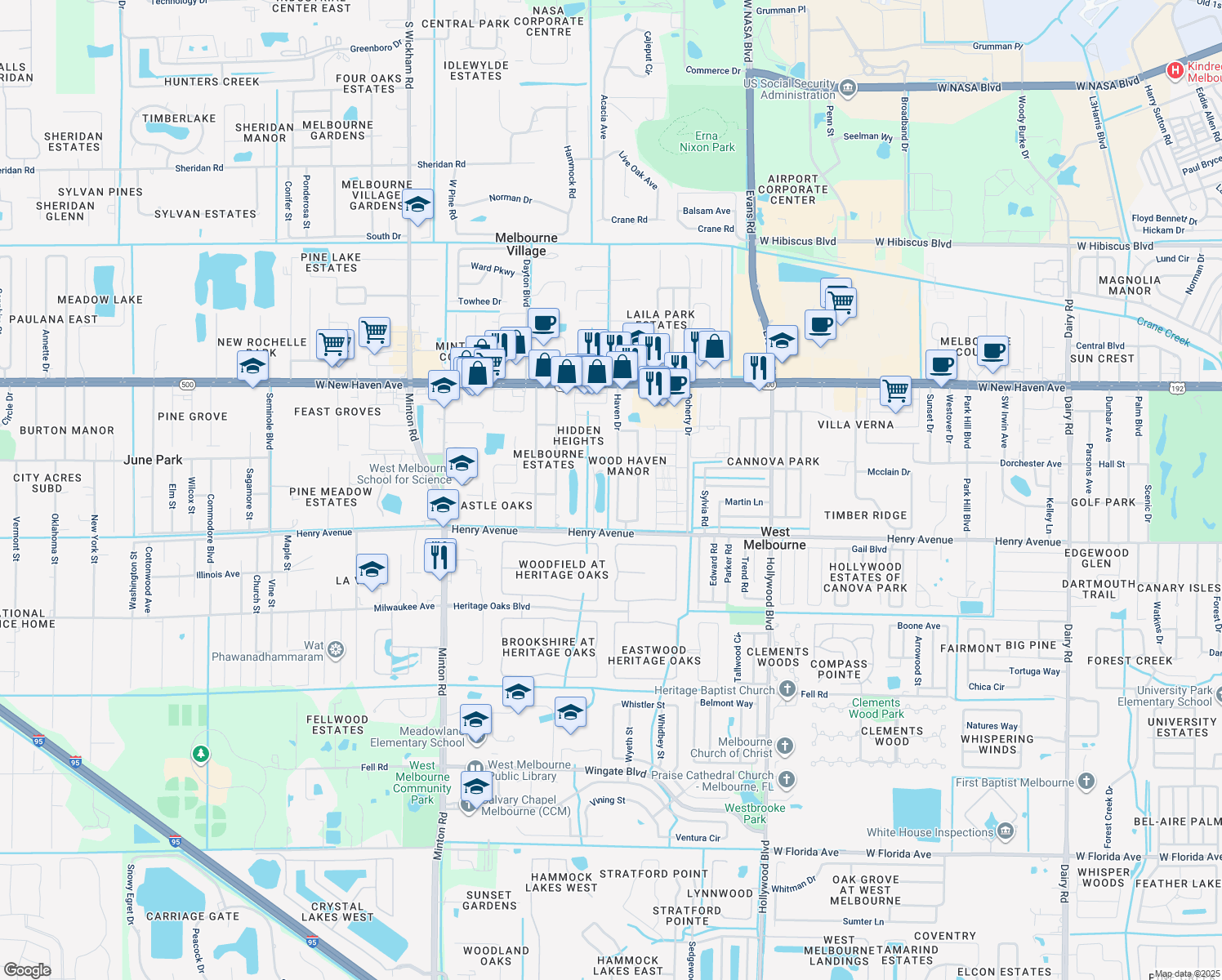 map of restaurants, bars, coffee shops, grocery stores, and more near 231 Naylor Drive in Melbourne