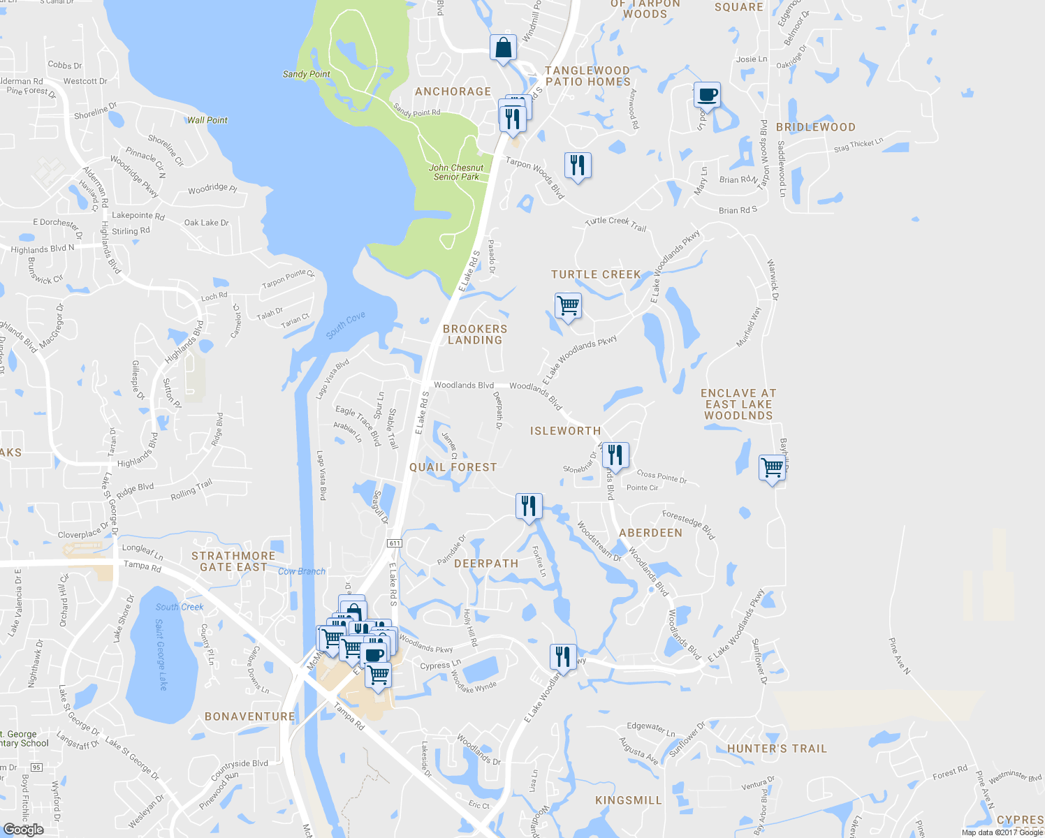map of restaurants, bars, coffee shops, grocery stores, and more near 50 Willowood Lane in Oldsmar