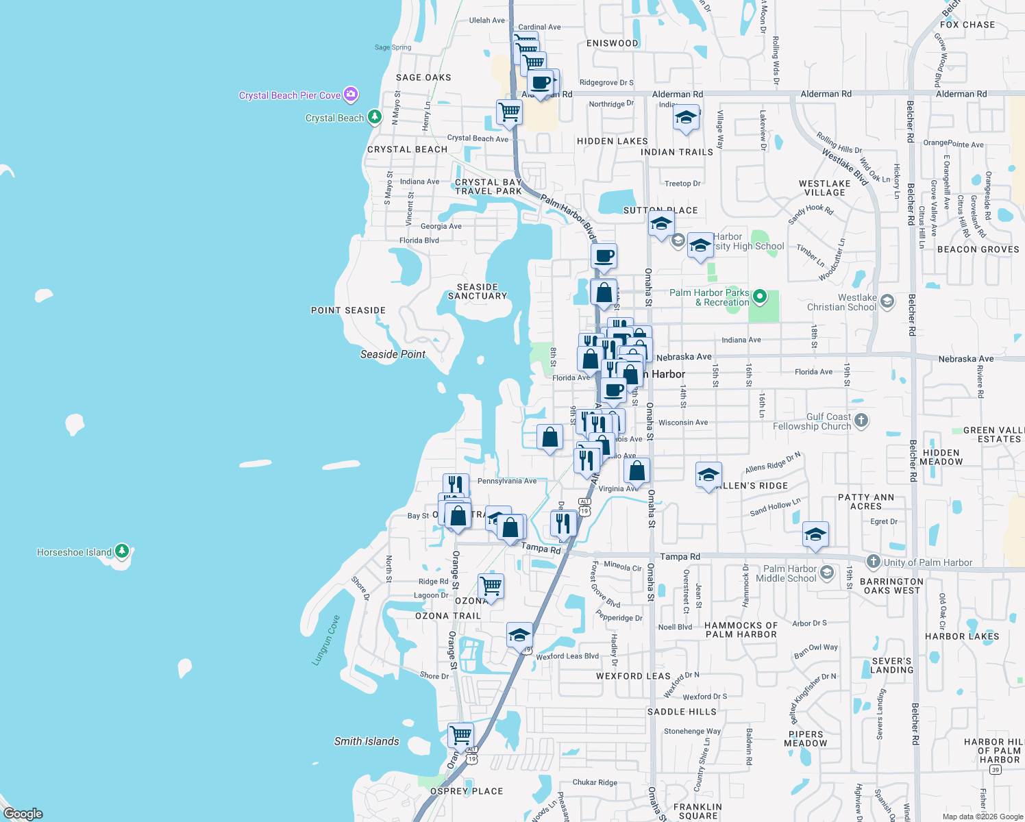 map of restaurants, bars, coffee shops, grocery stores, and more near 656 Soundview Drive in Palm Harbor
