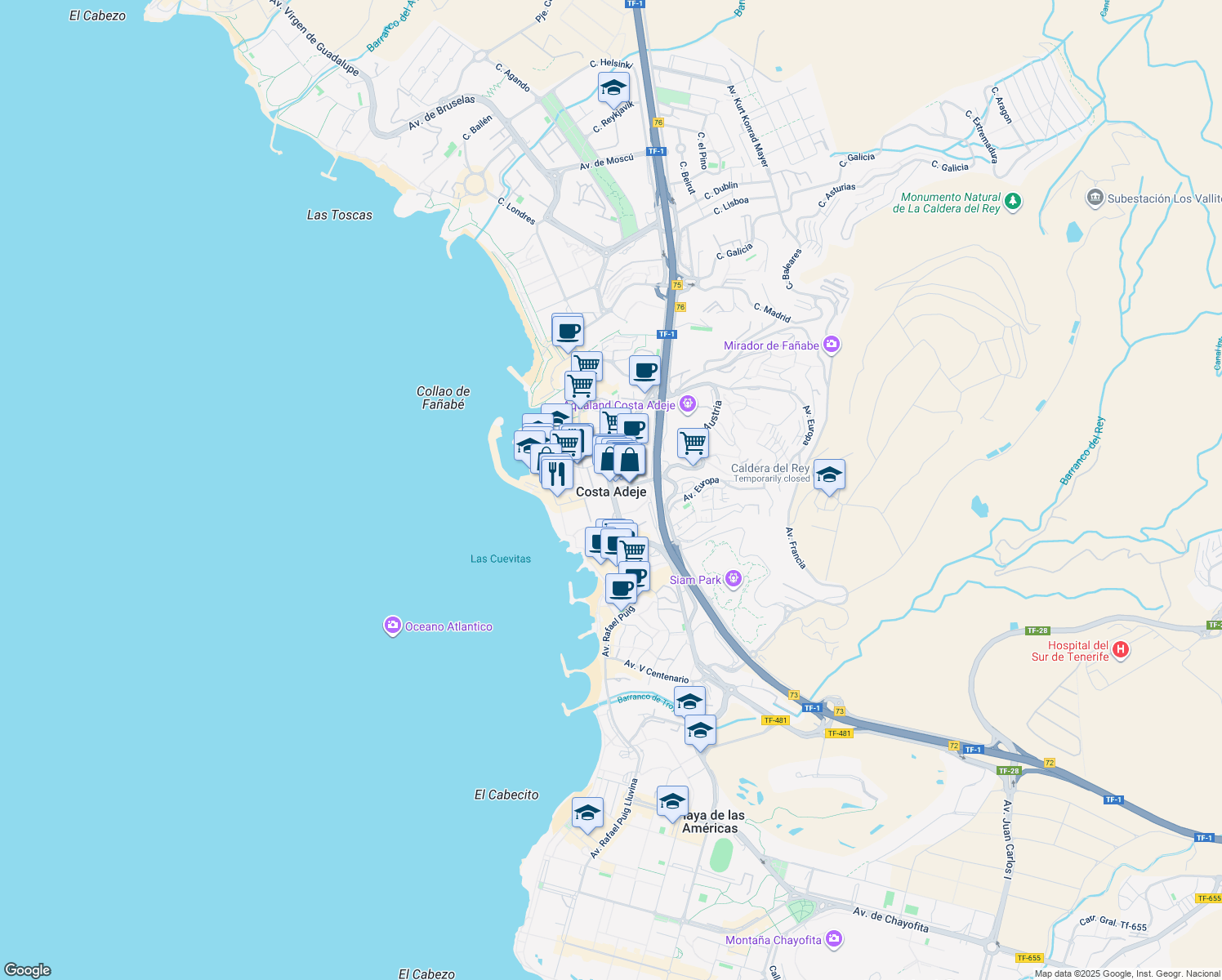 map of restaurants, bars, coffee shops, grocery stores, and more near Calle Gran Bretaña in Costa Adeje