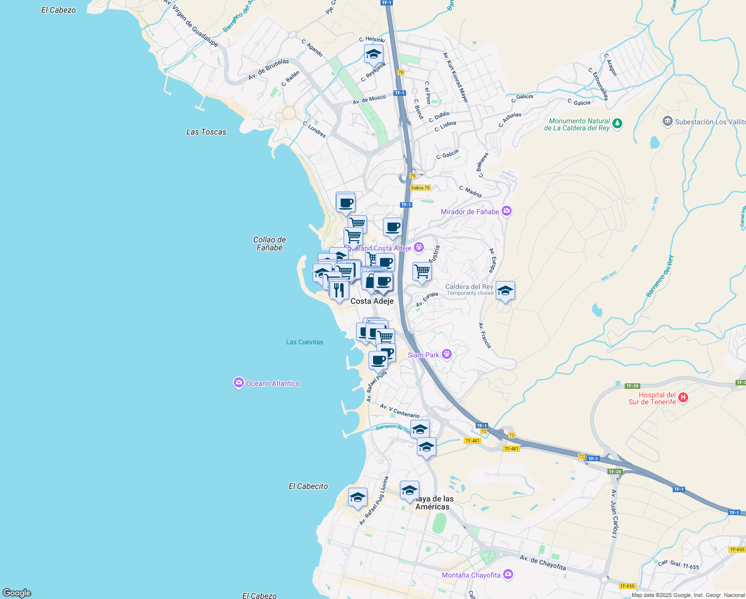 map of restaurants, bars, coffee shops, grocery stores, and more near Calle Gran Bretaña in Costa Adeje